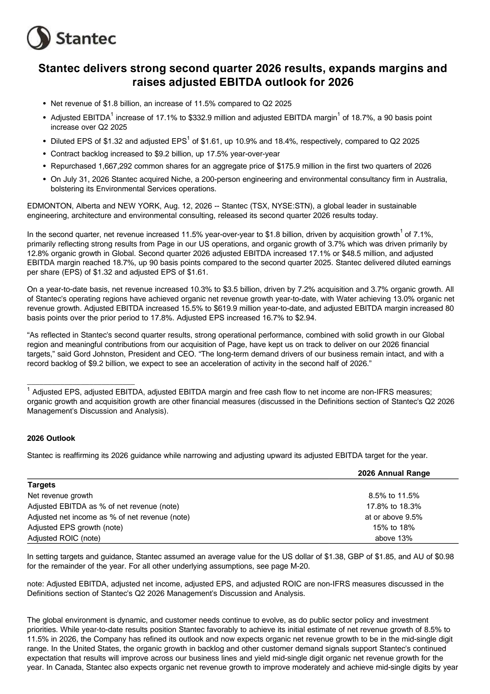 Stantec's Q2 2026 Press Release