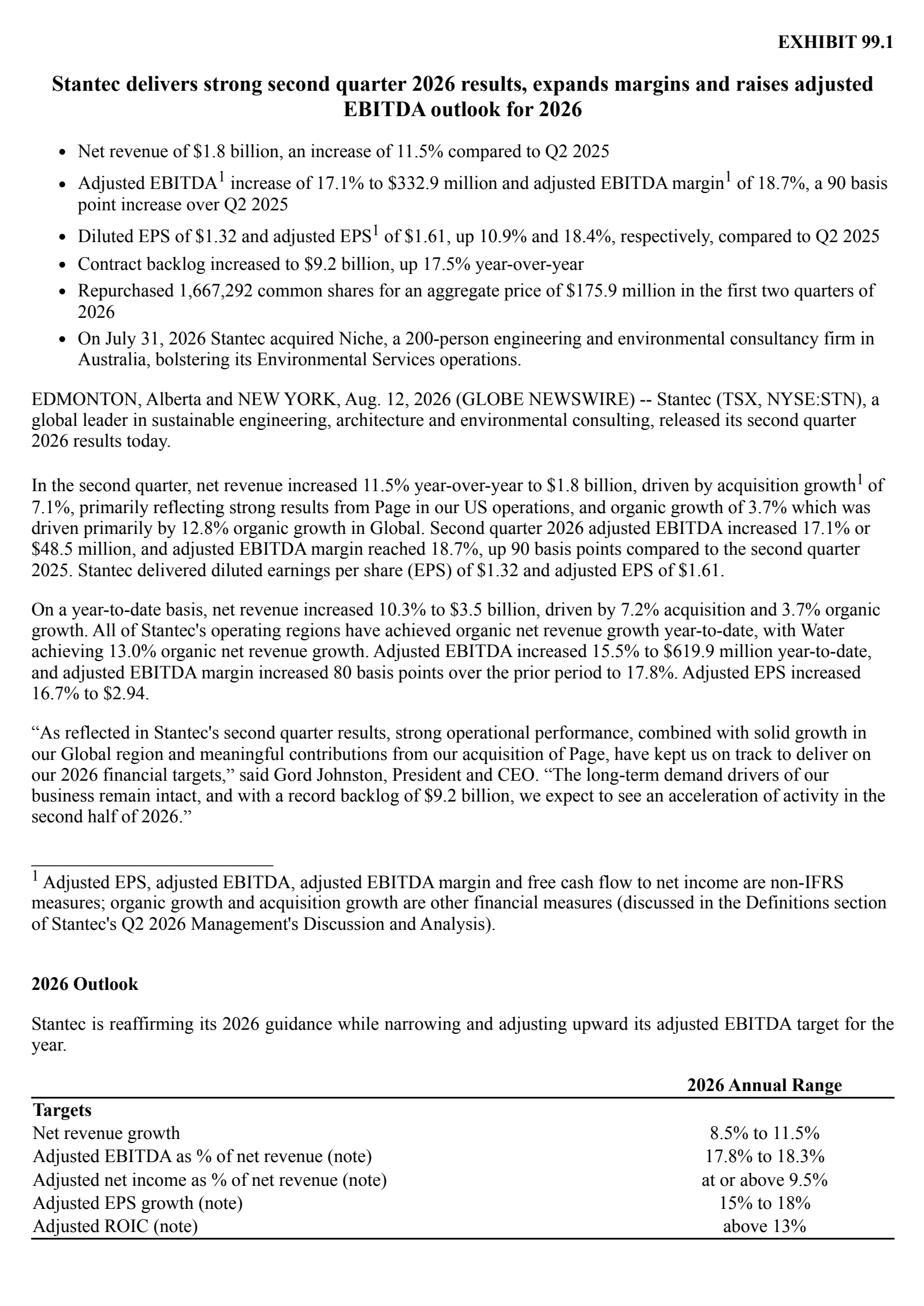 Stantec's Q2 2026 Press Release