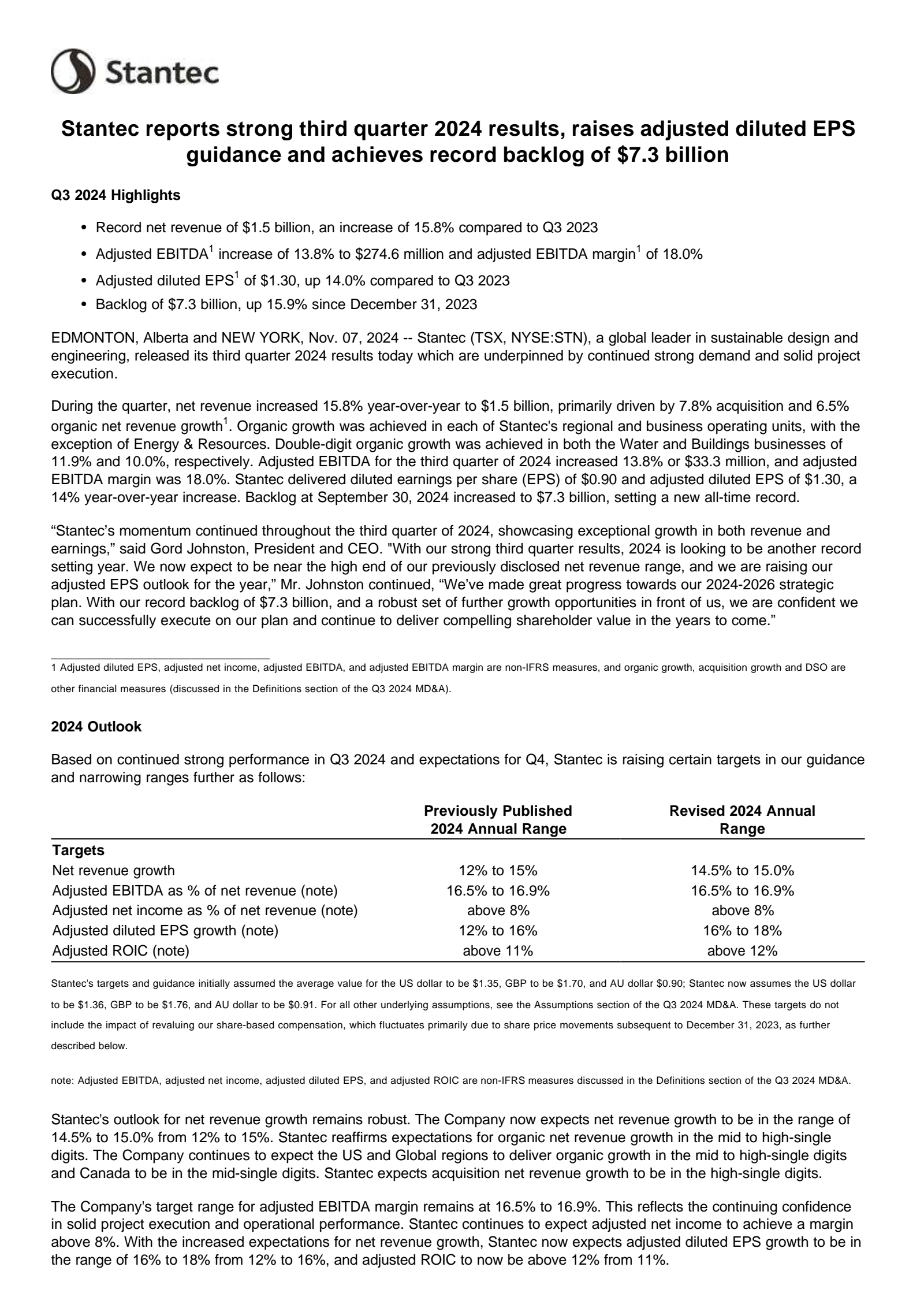 Stantec's Q3 2024 Press Release