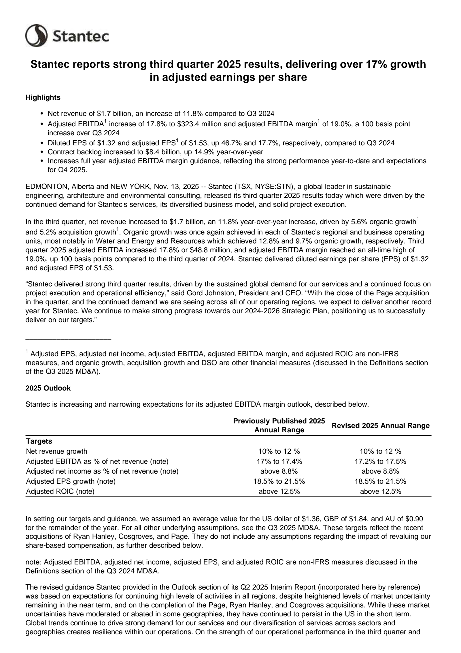 Stantec's Q3 2025 Press Release