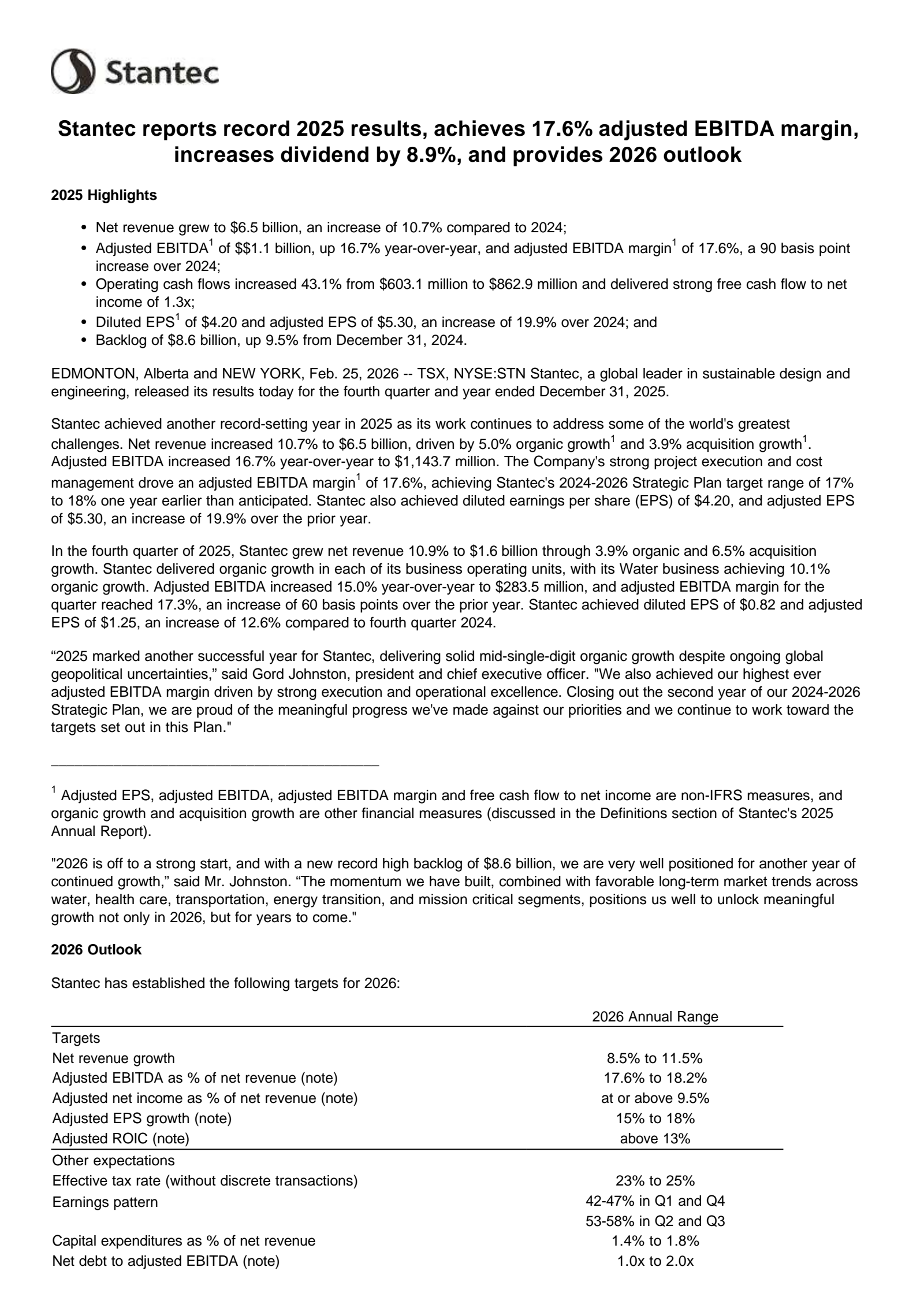 Stantec's Q4 2025 Press Release