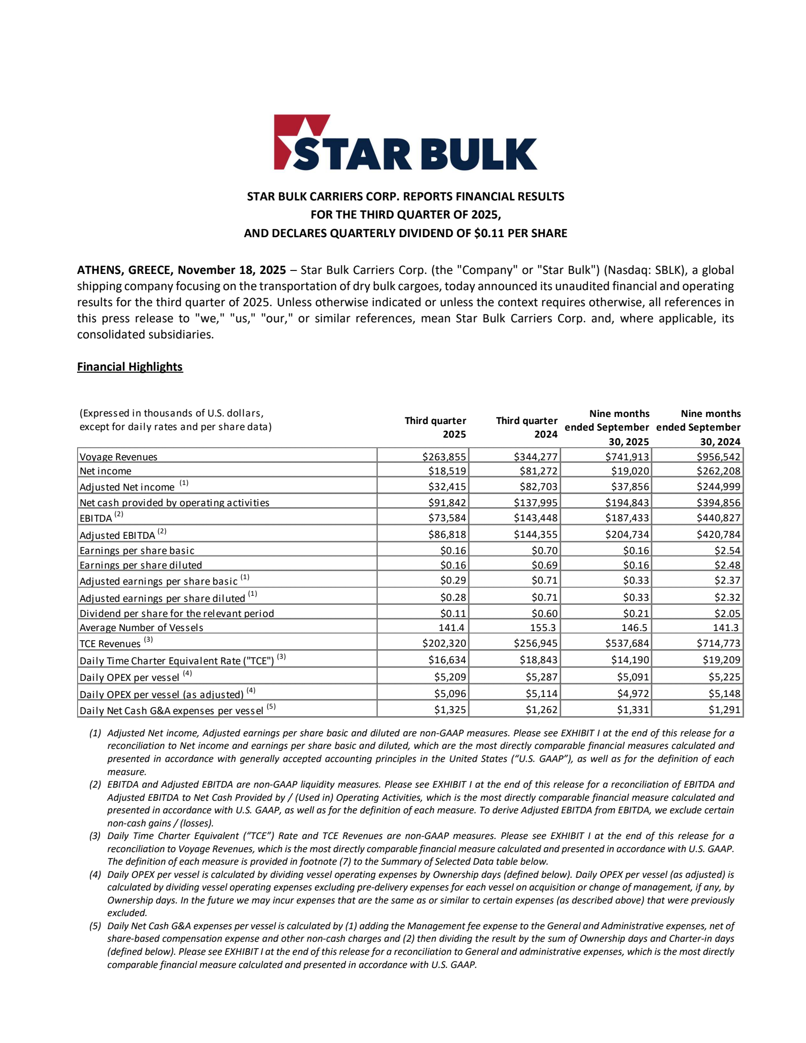 Star Bulk Carriers' Q3 2025 Earnings Release