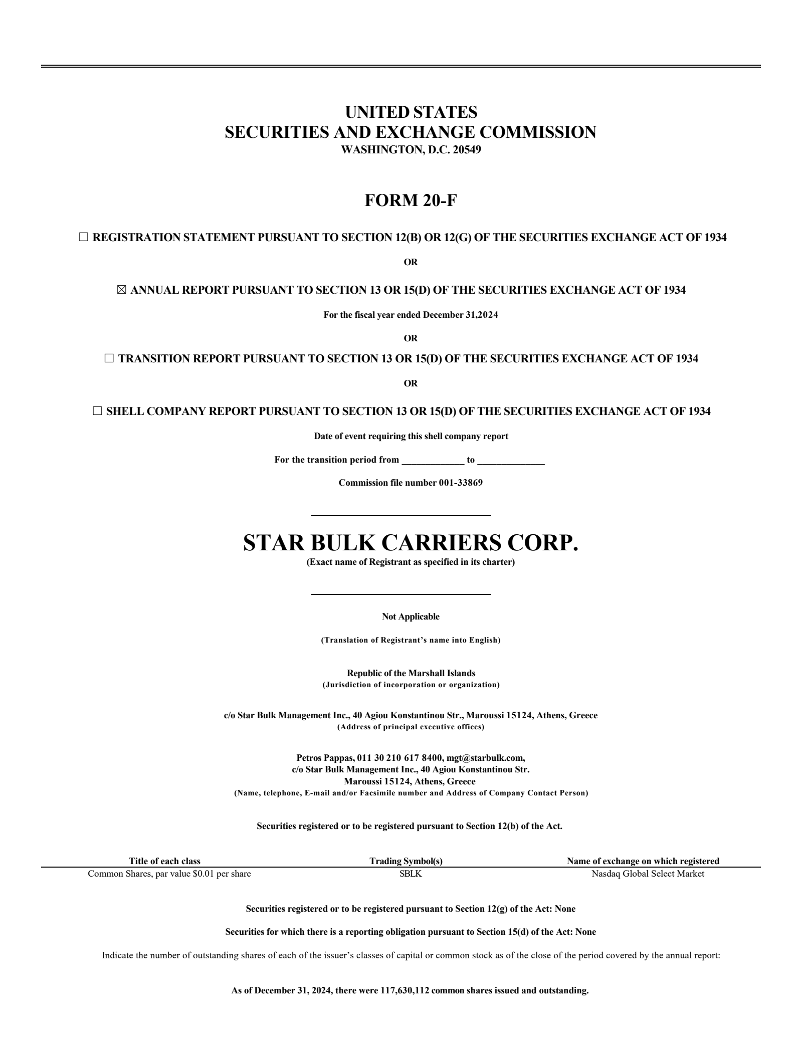 Star Bulk Carriers' Q4 2024 Annual report