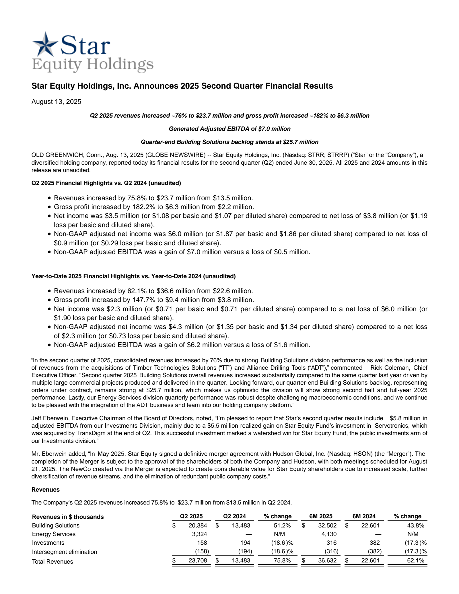 Star Equity's Q2 2025 Press Release