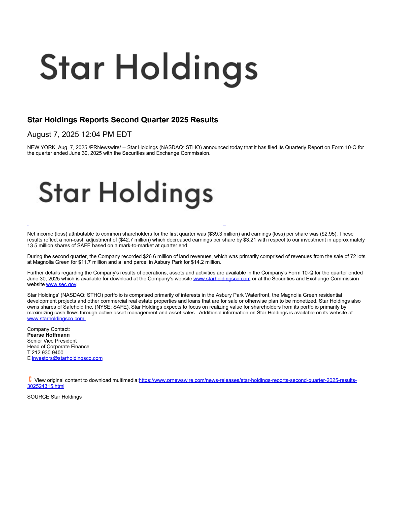 Star's Q2 2025 Press Release