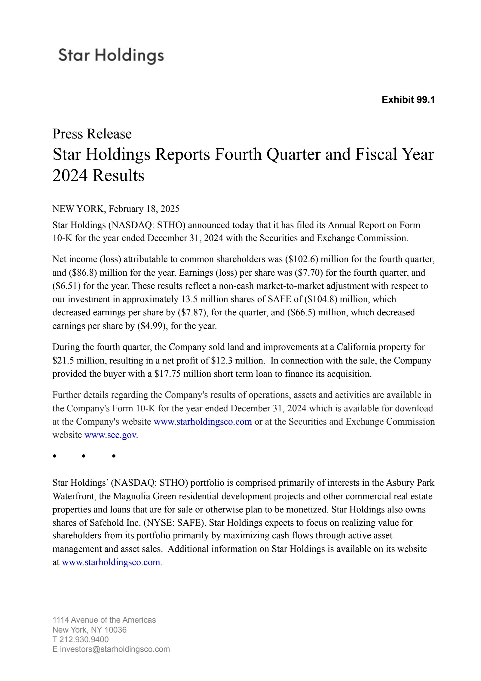 Star's Q4 2024 Press Release