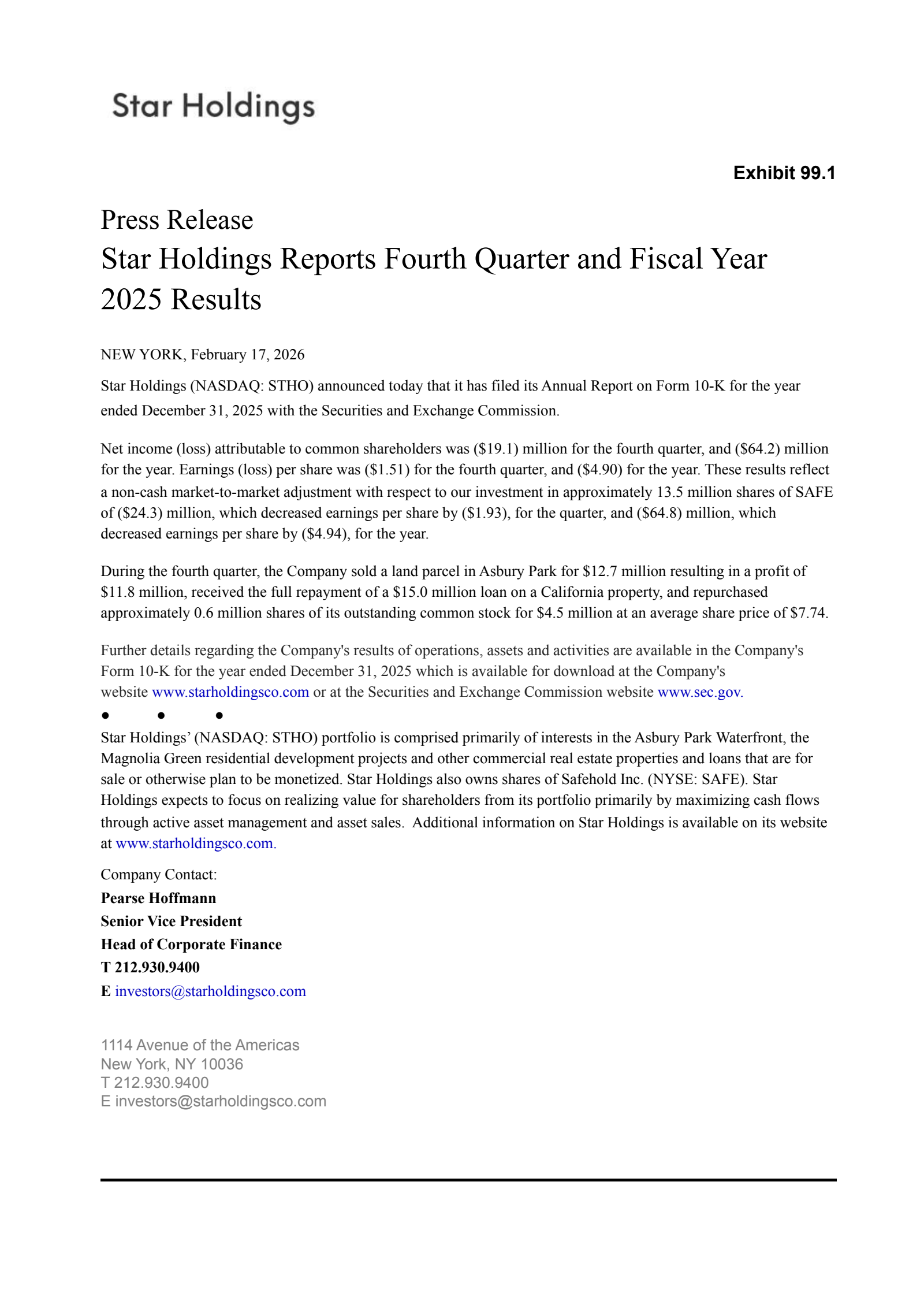 STHO Q4 2025 Earnings Report on 2/17/2026