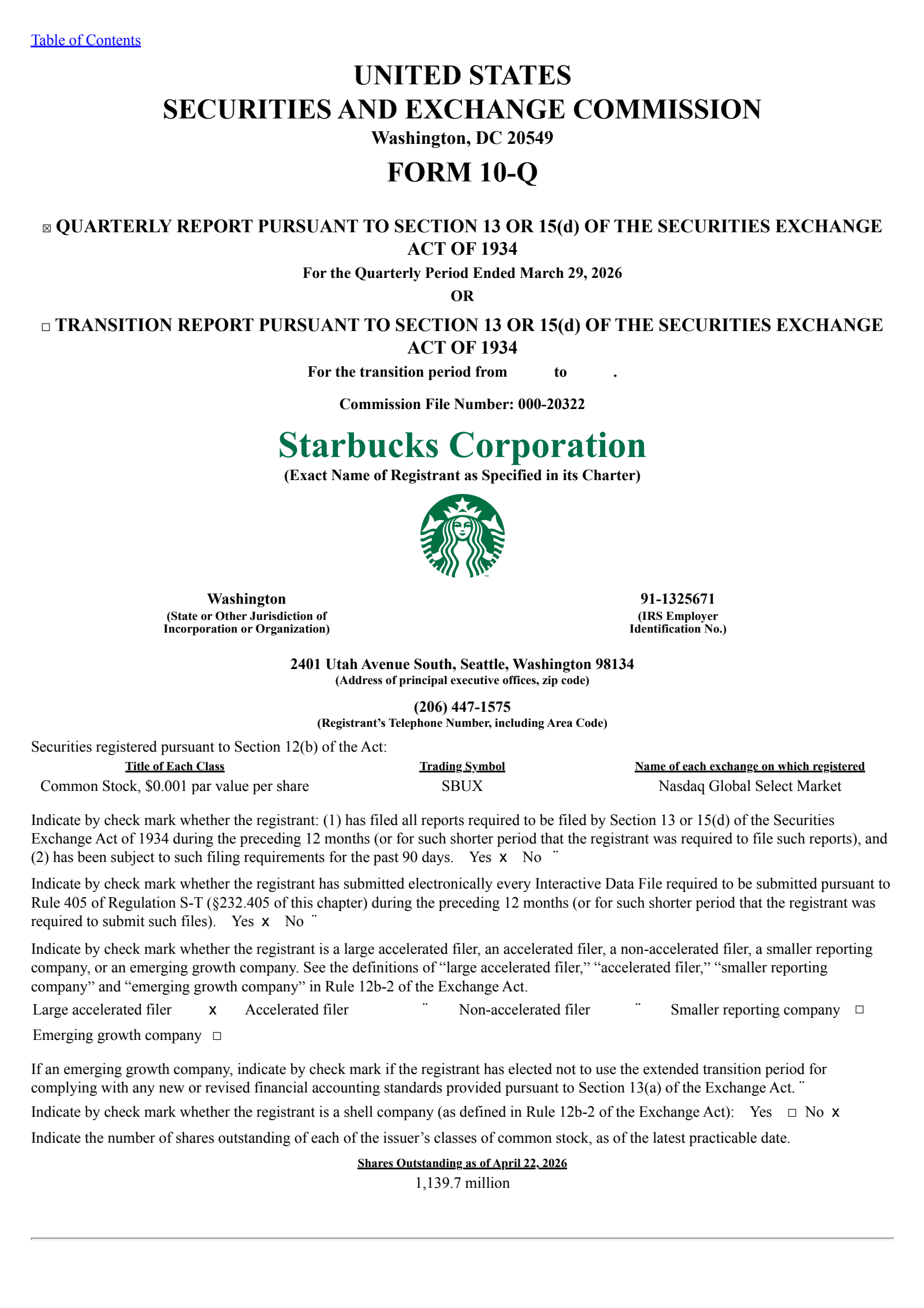Starbucks' Q2 2026 Quarterly report