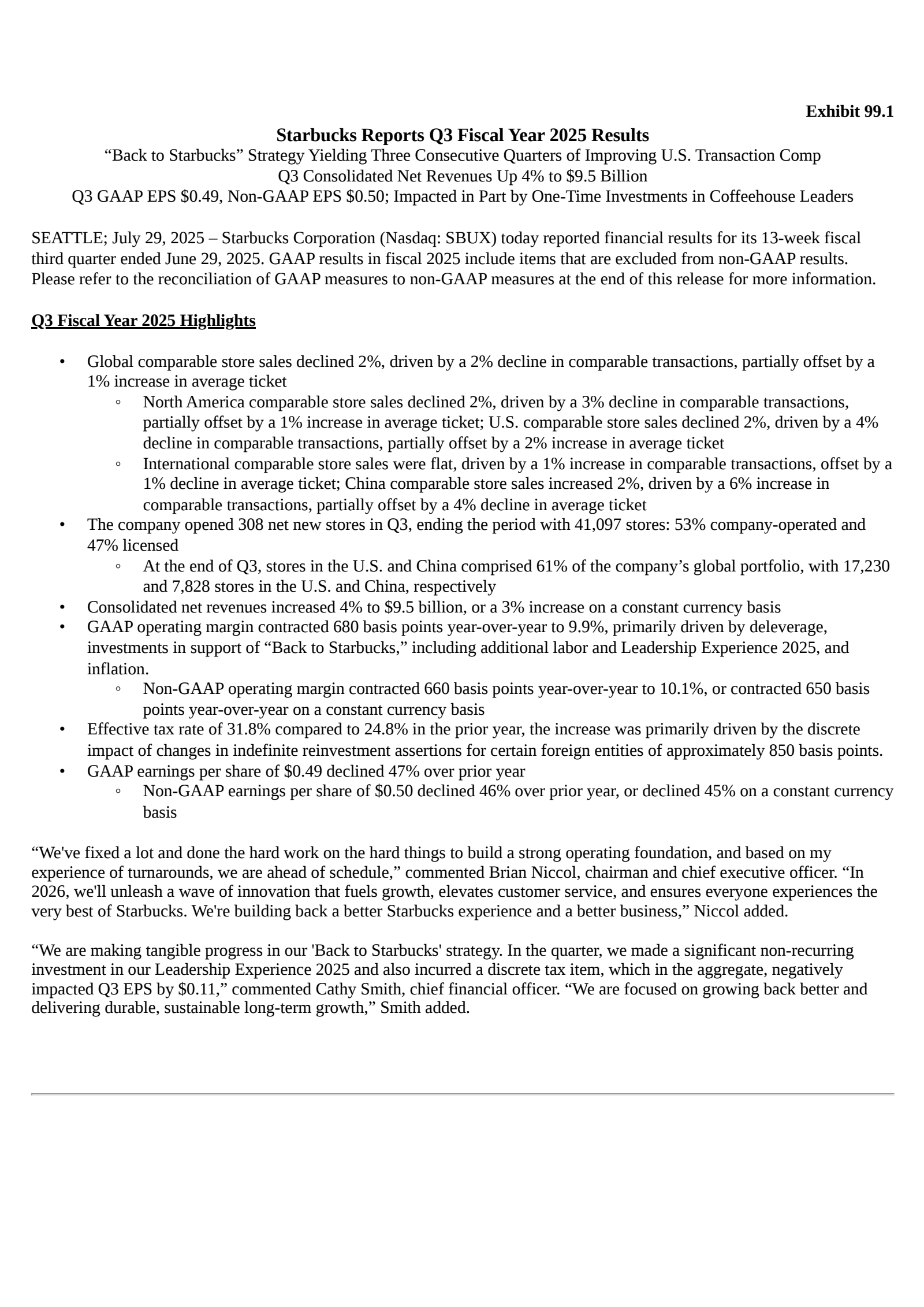Starbucks' Q3 2025 Press Release