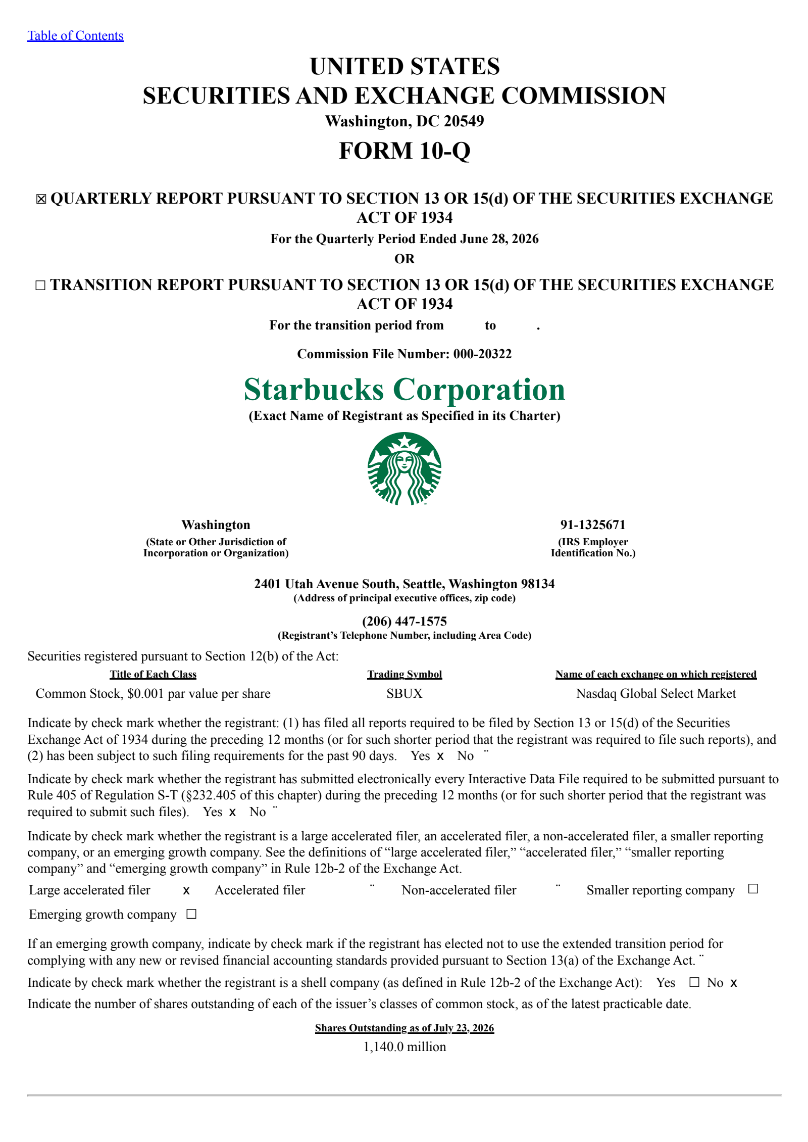 Starbucks' Q3 2026 Quarterly report