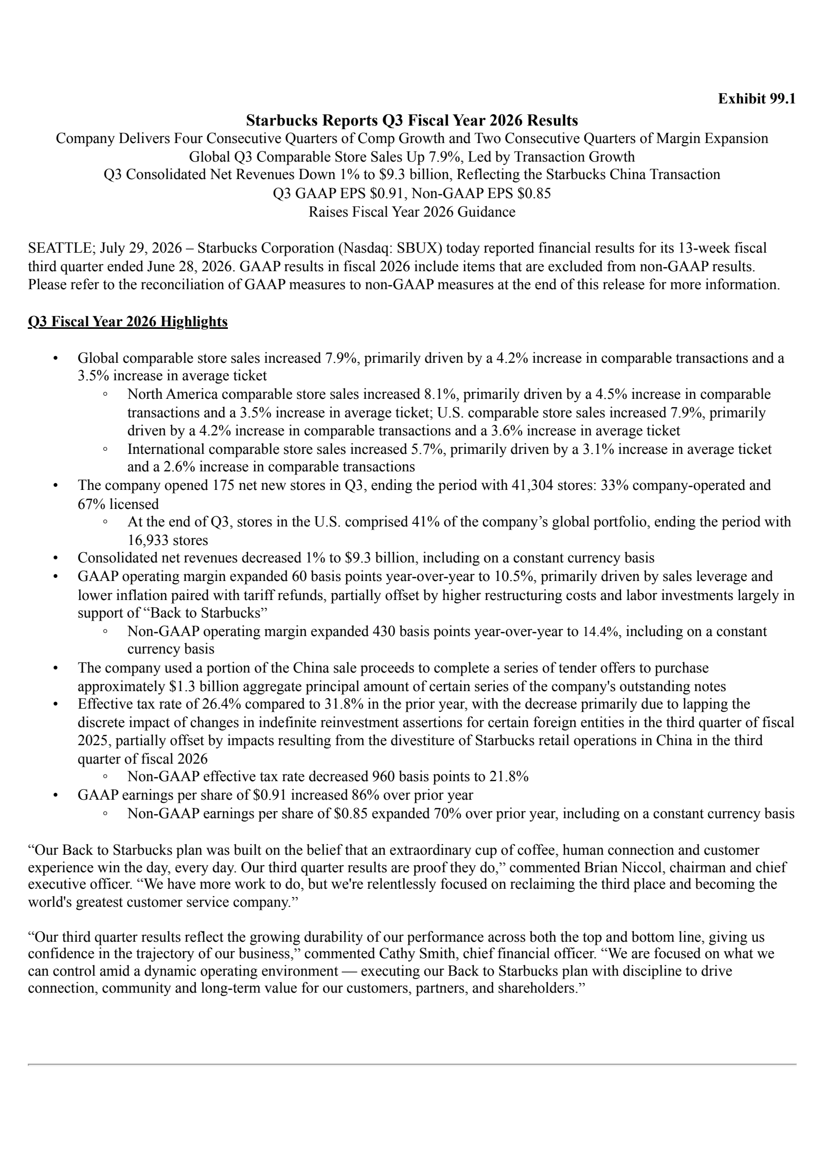 Starbucks' Q3 2026 Press Release