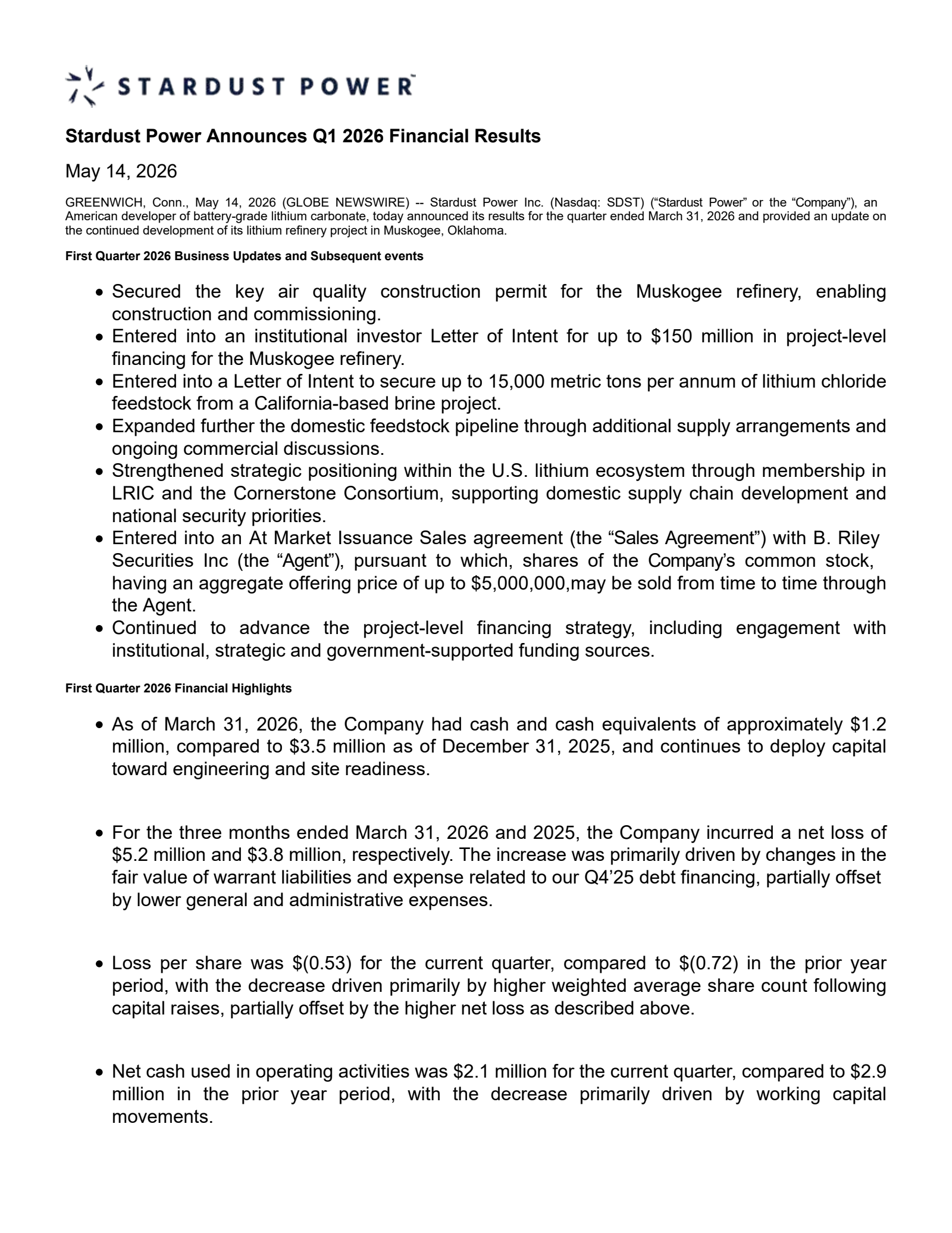 Stardust Power's Q1 2026 Press Release