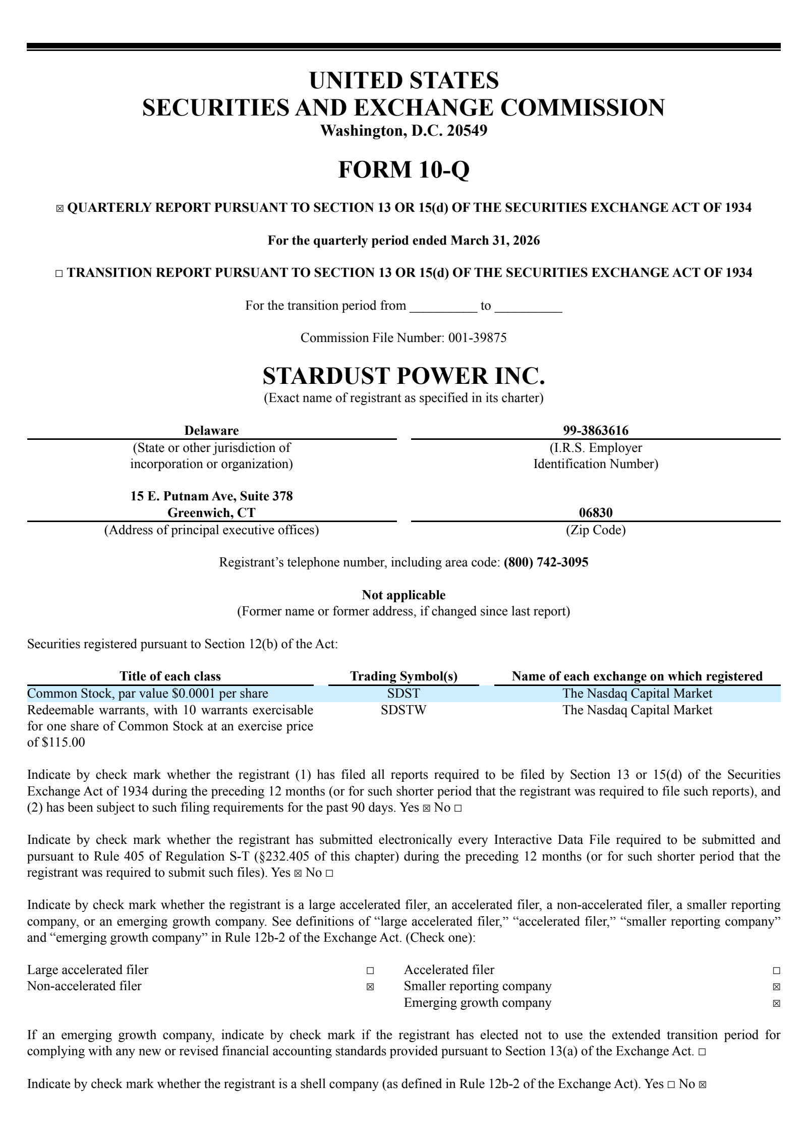 Stardust Power's Q1 2026 Quarterly report