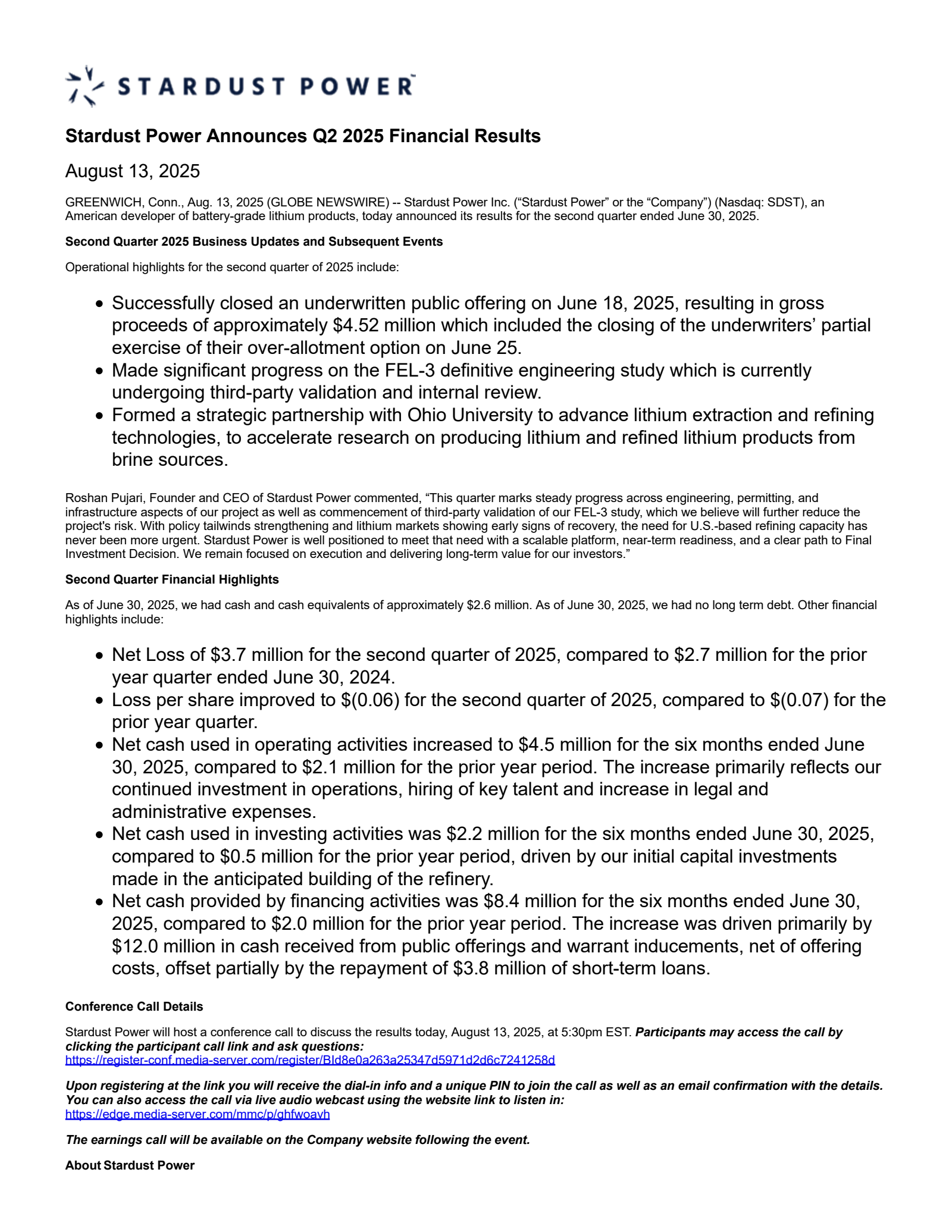 Stardust Power's Q2 2025 Press Release