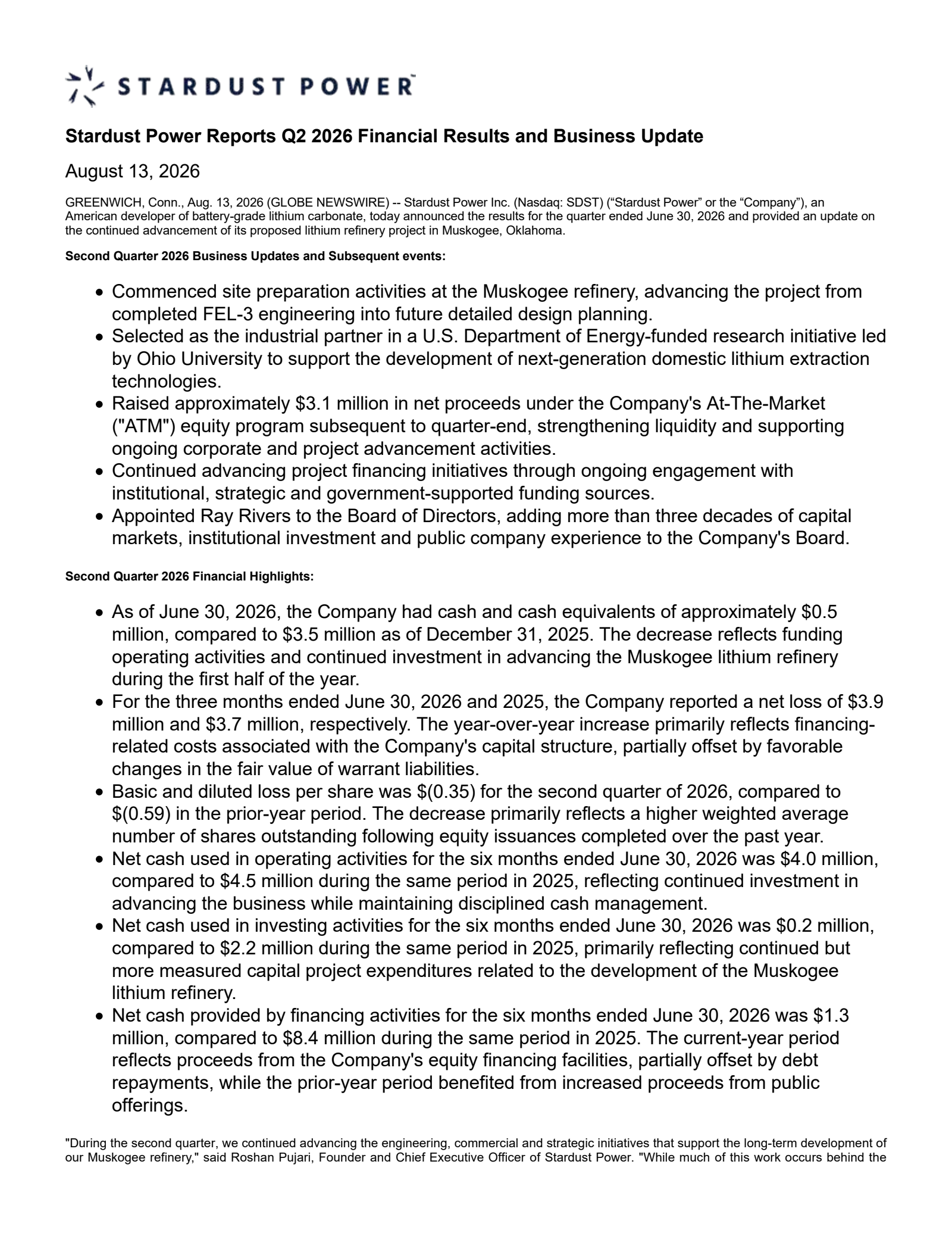 Stardust Power's Q2 2026 Press Release