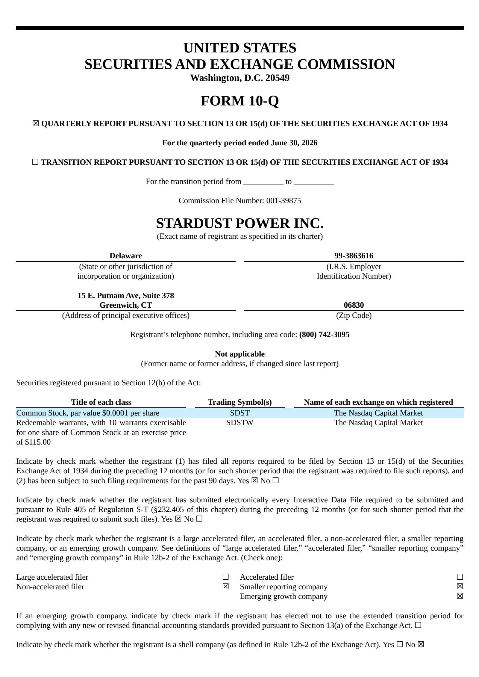 Stardust Power's Q2 2026 Quarterly report