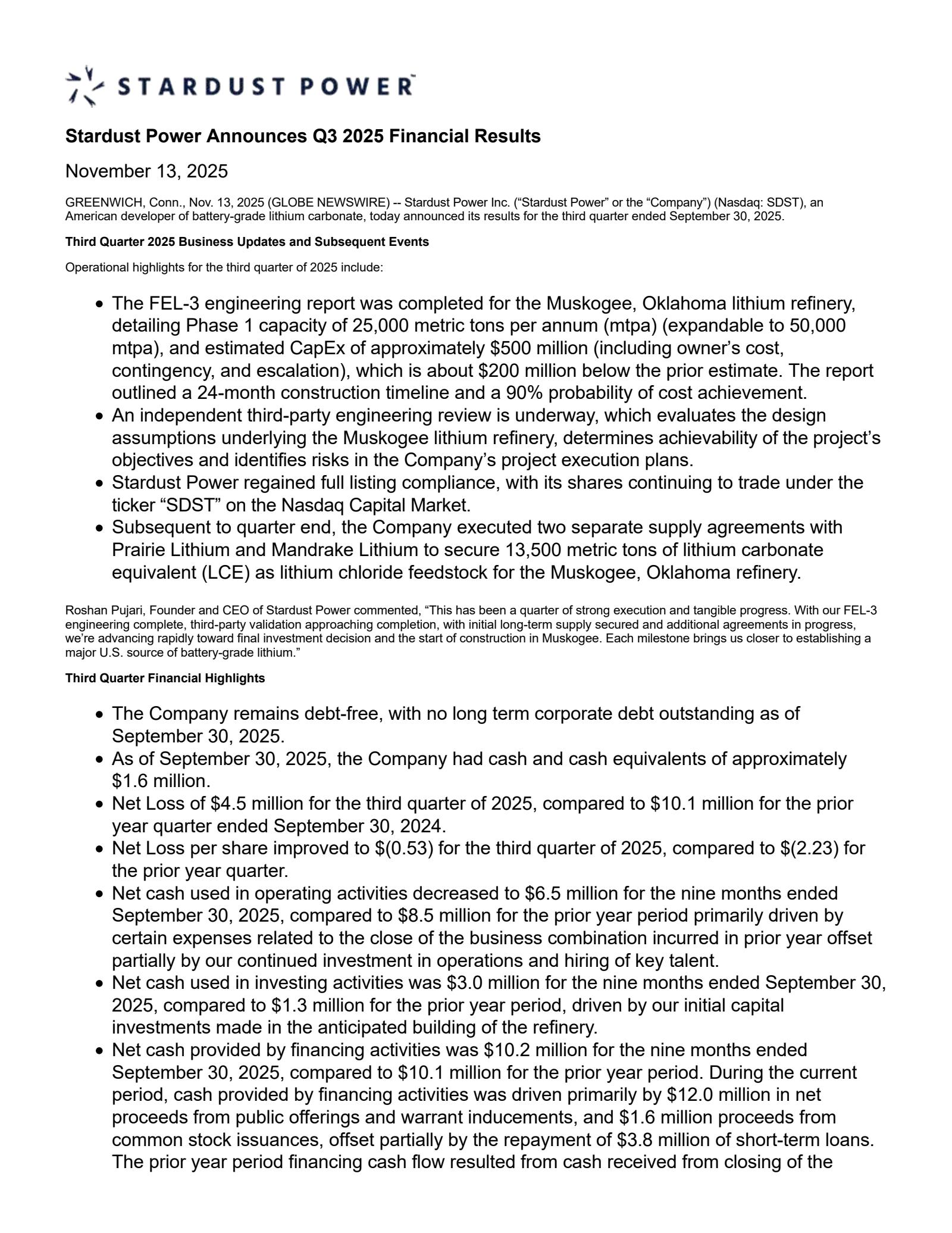 Stardust Power's Q3 2025 Earnings Release