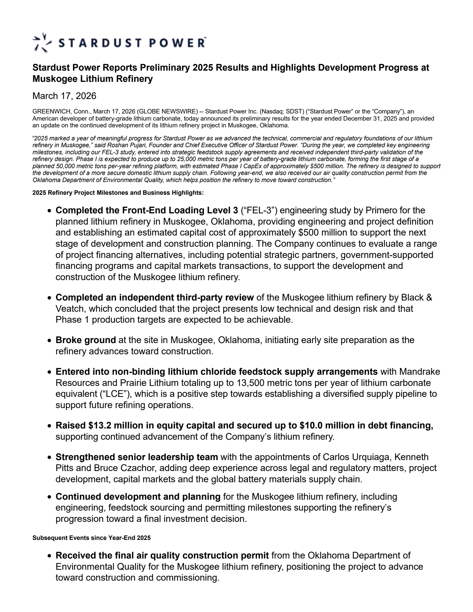 Stardust Power's Q4 2025 Press Release