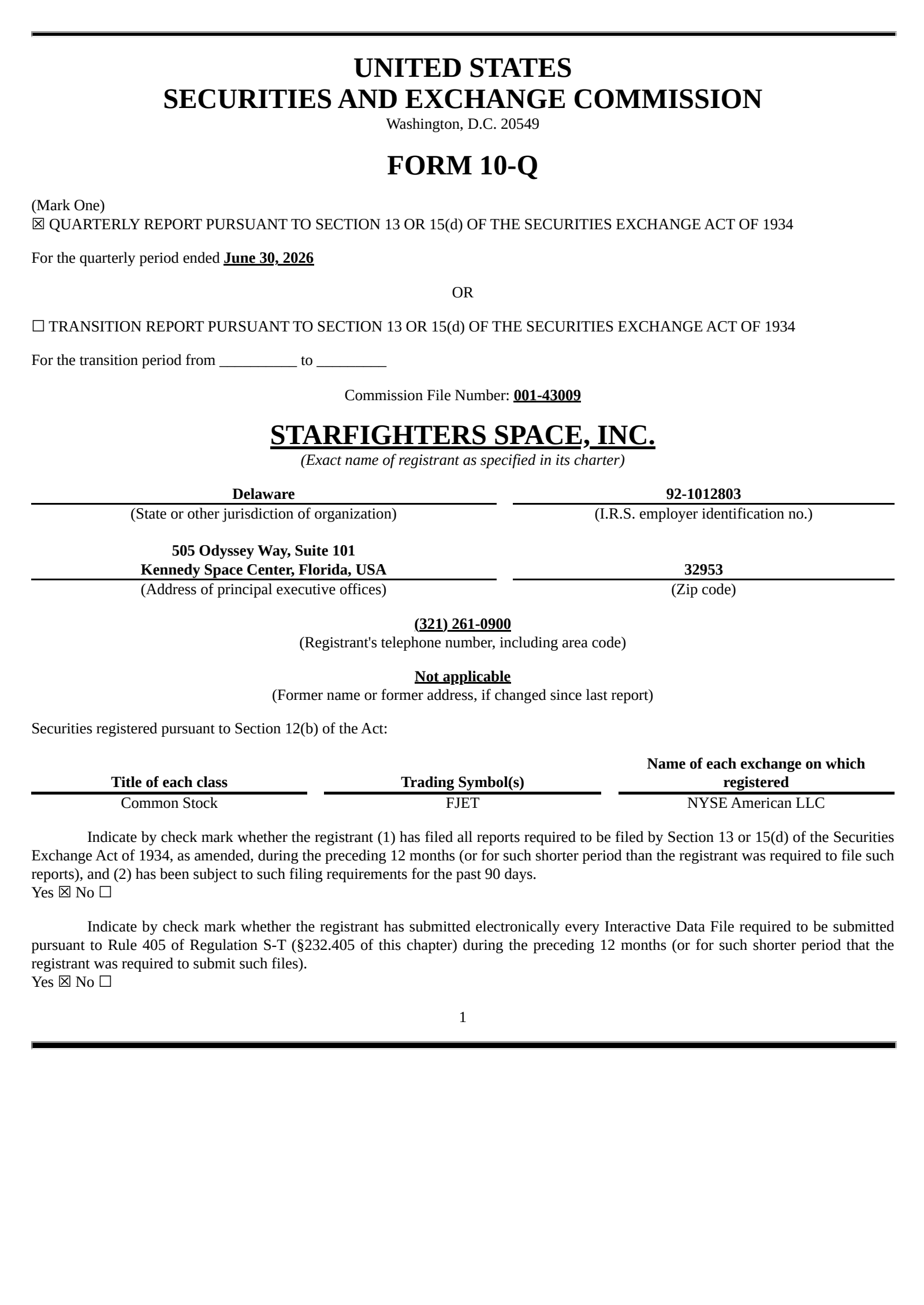 Starfighters Space's Q2 2026 Quarterly report