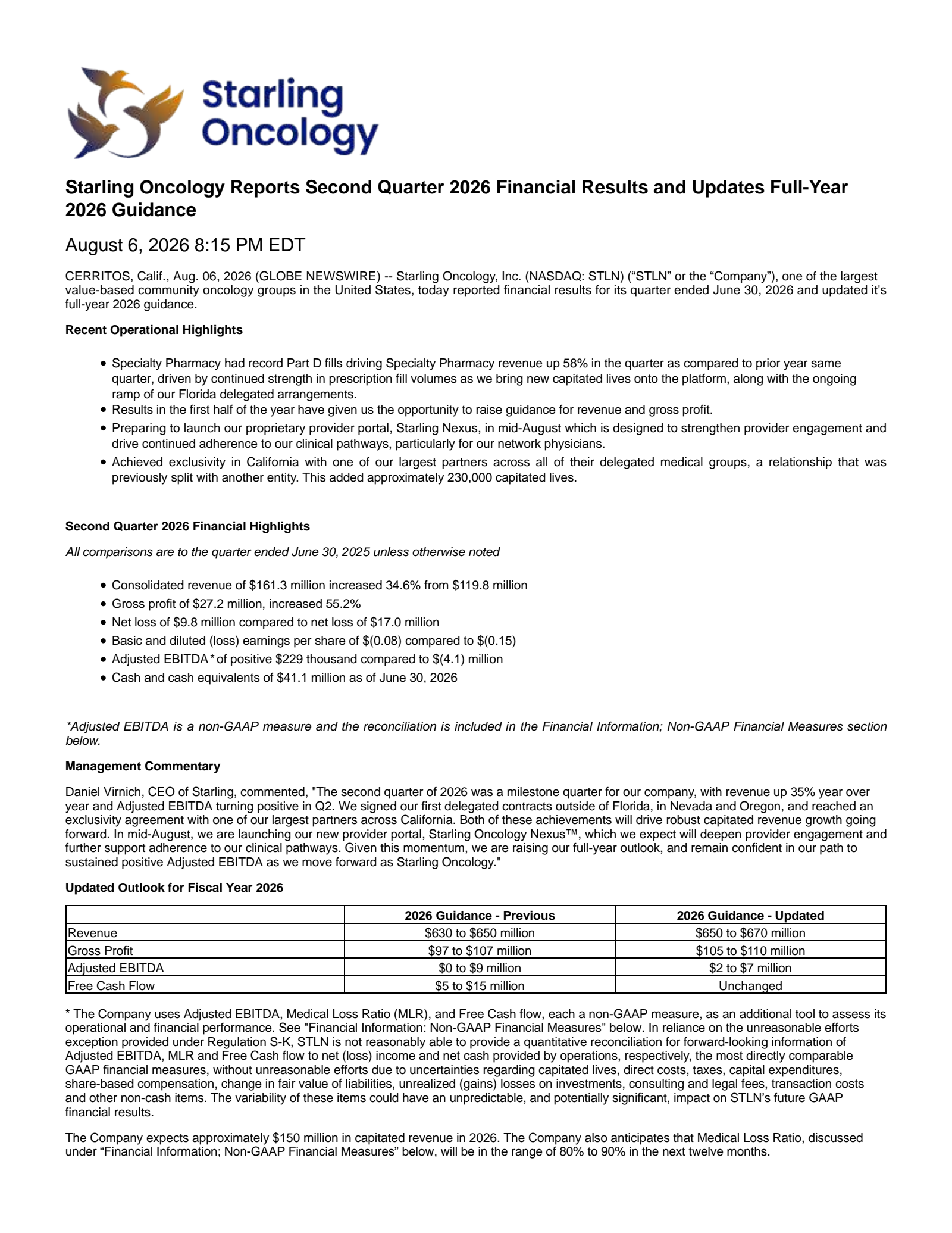 Oncology Institute's Q2 2026 Press Release