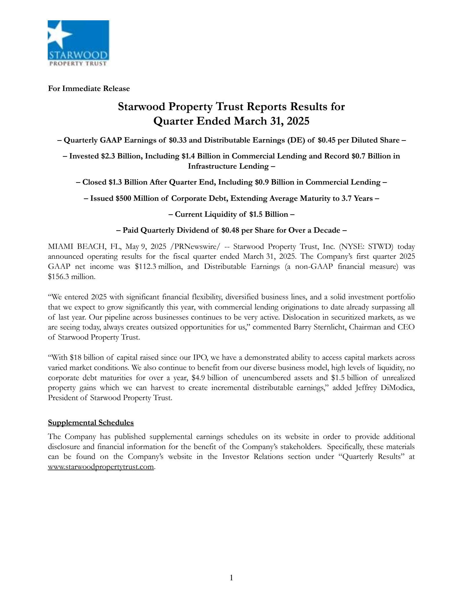 Starwood Property Trust's Q1 2025 Press Release