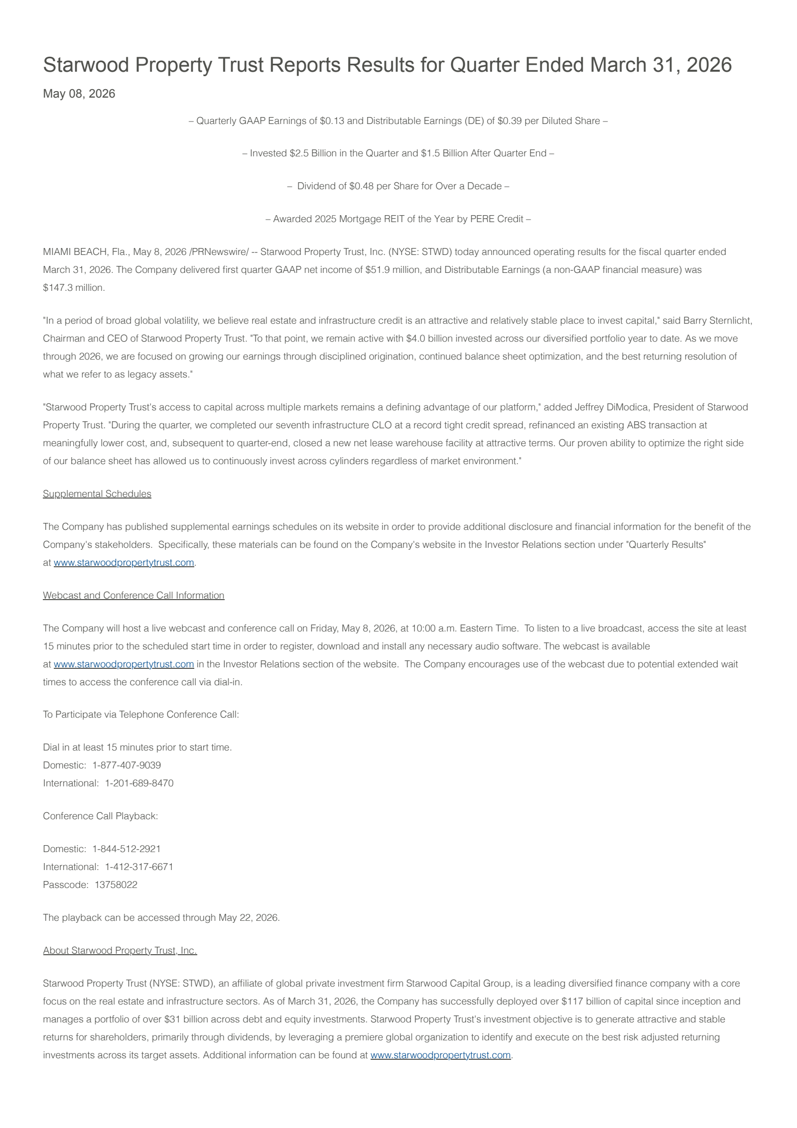 Starwood Property Trust's Q1 2026 Press Release