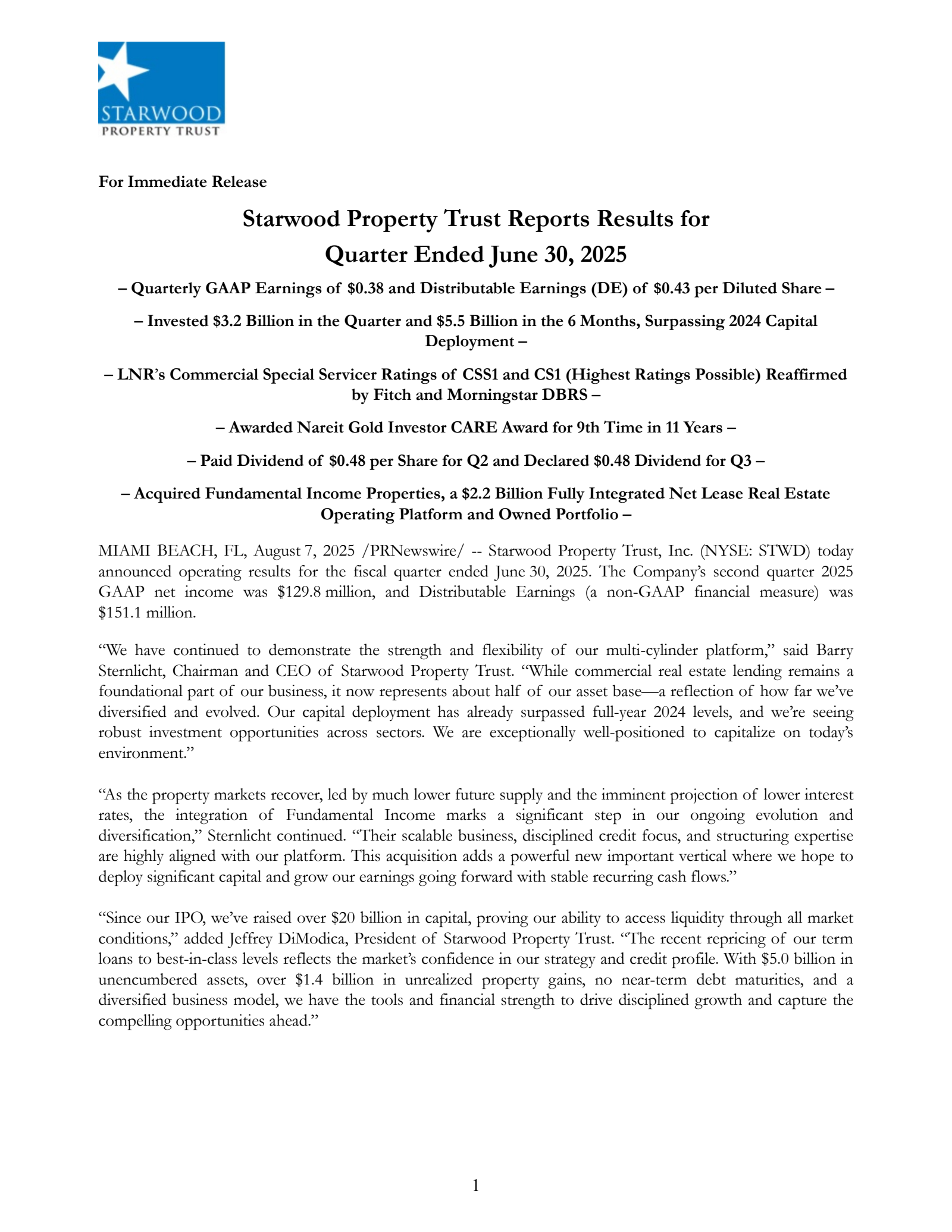 Starwood Property Trust's Q2 2025 Press Release