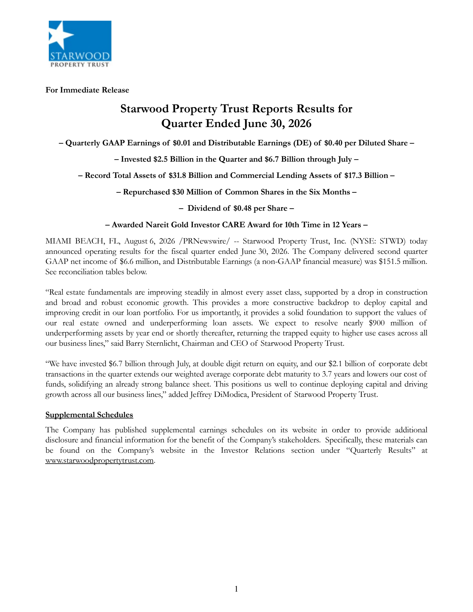 Starwood Property Trust's Q2 2026 Press Release