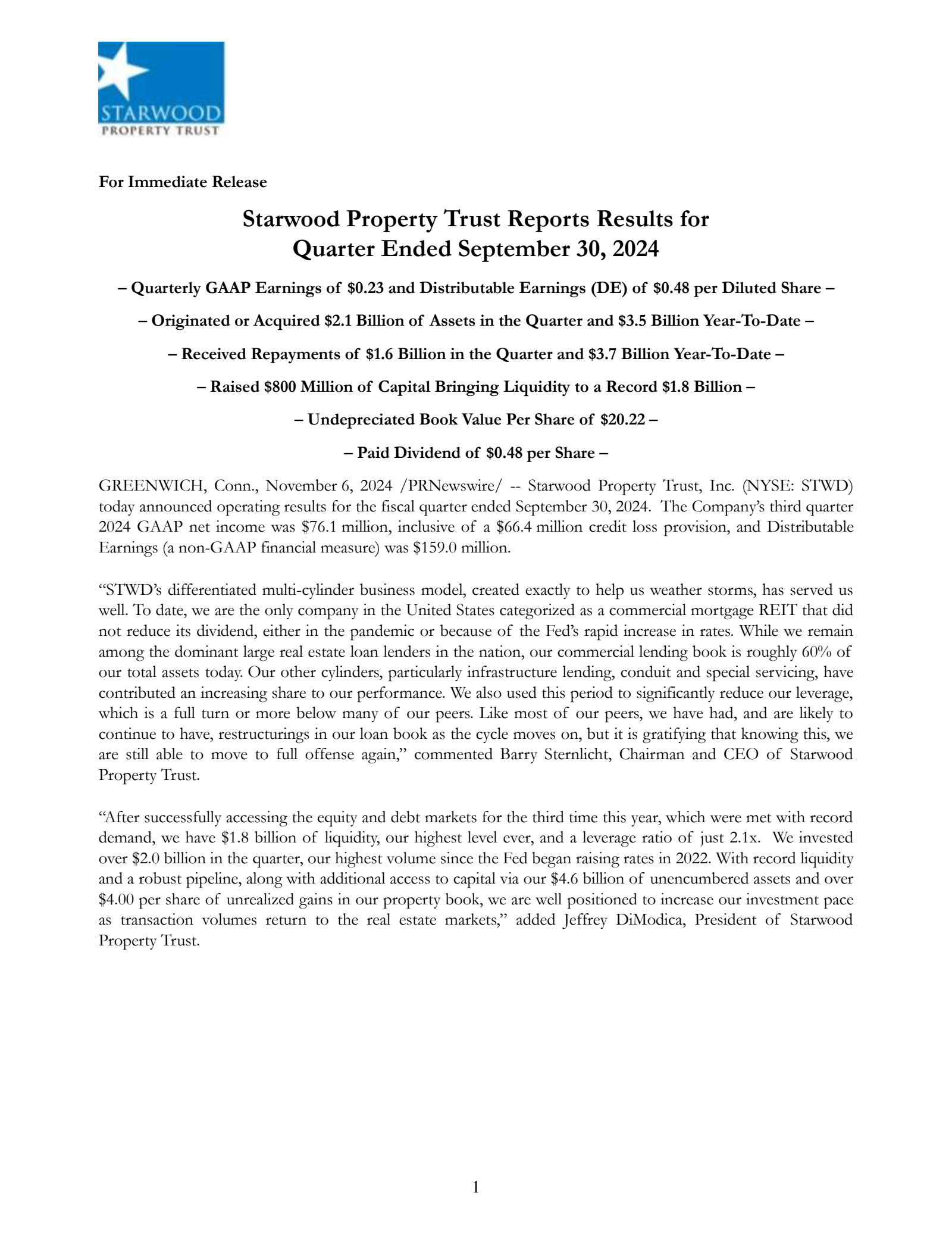 Starwood Property Trust's Q3 2024 Earnings Release