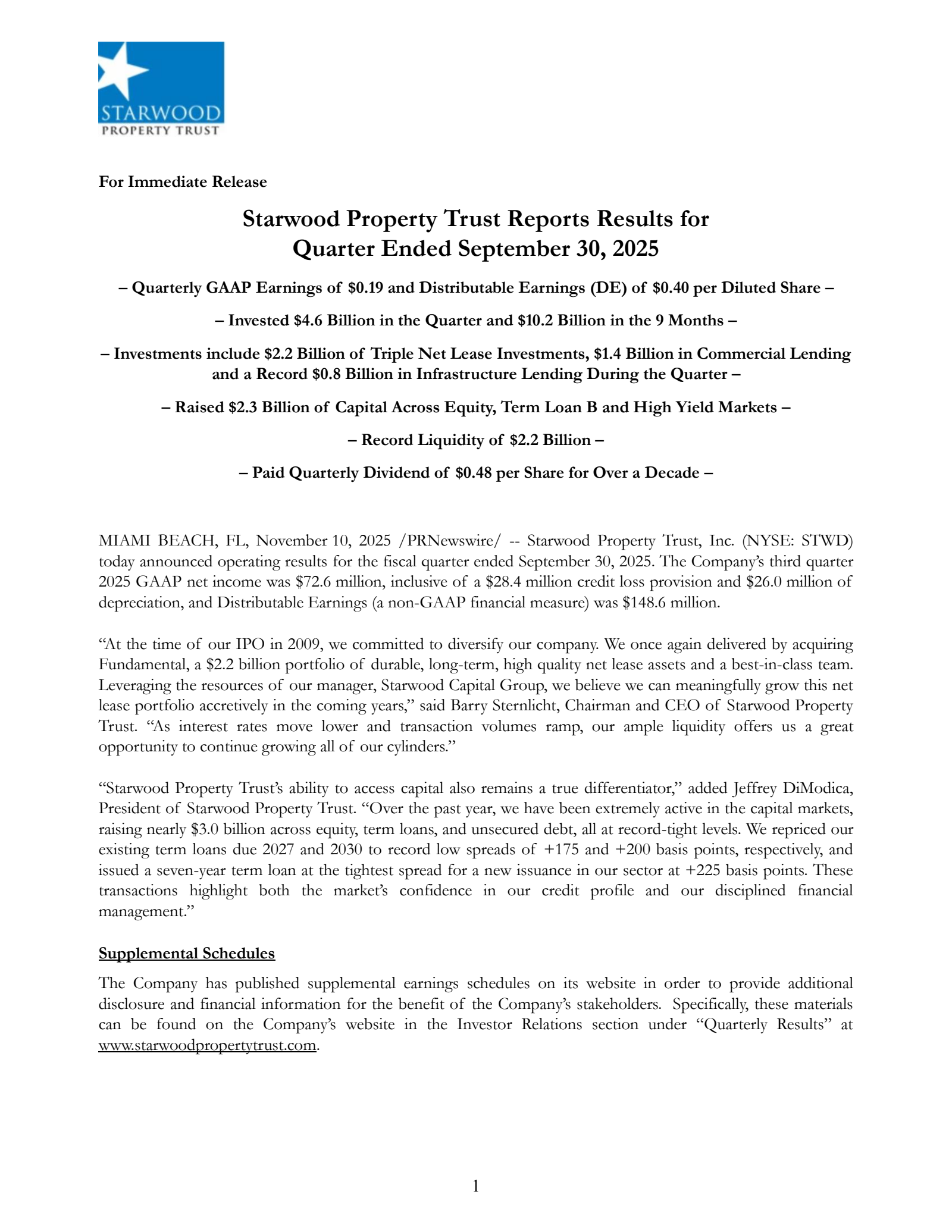 Starwood Property Trust's Q3 2025 Earnings Release