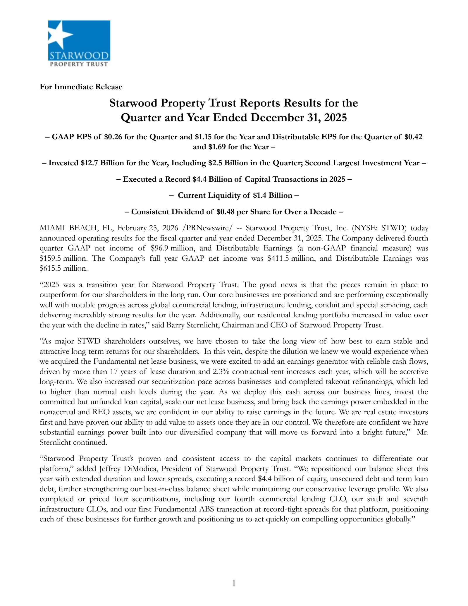 Starwood Property Trust's Q4 2025 Press Release