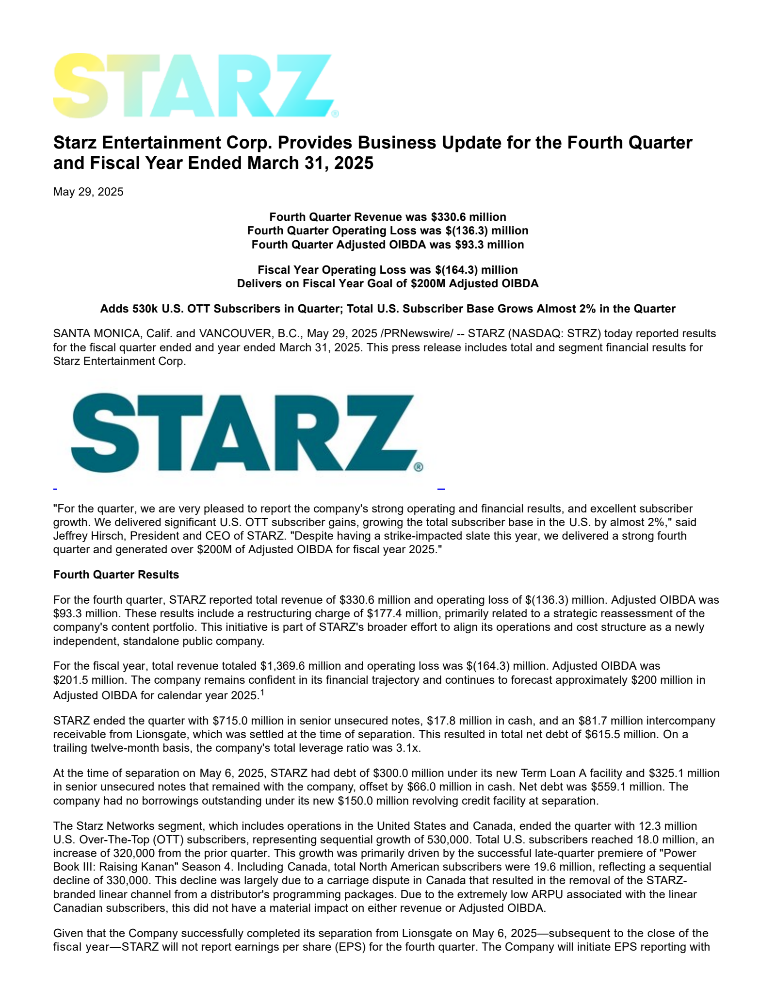 Starz Entertainment's Q4 2025 Press Release