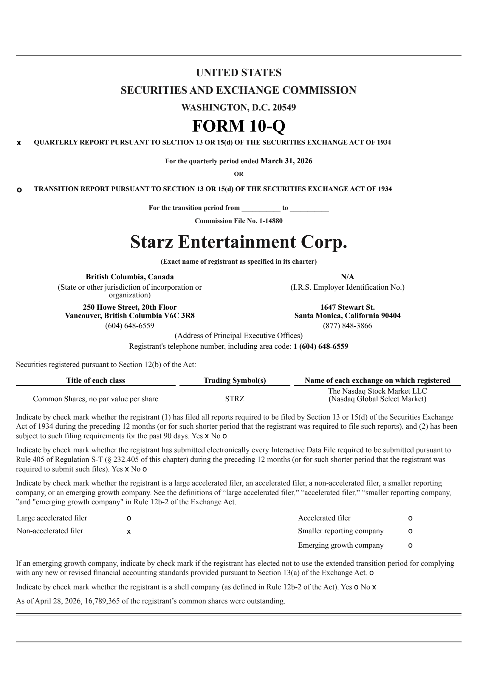 Starz Entertainment's Q1 2027 Quarterly report