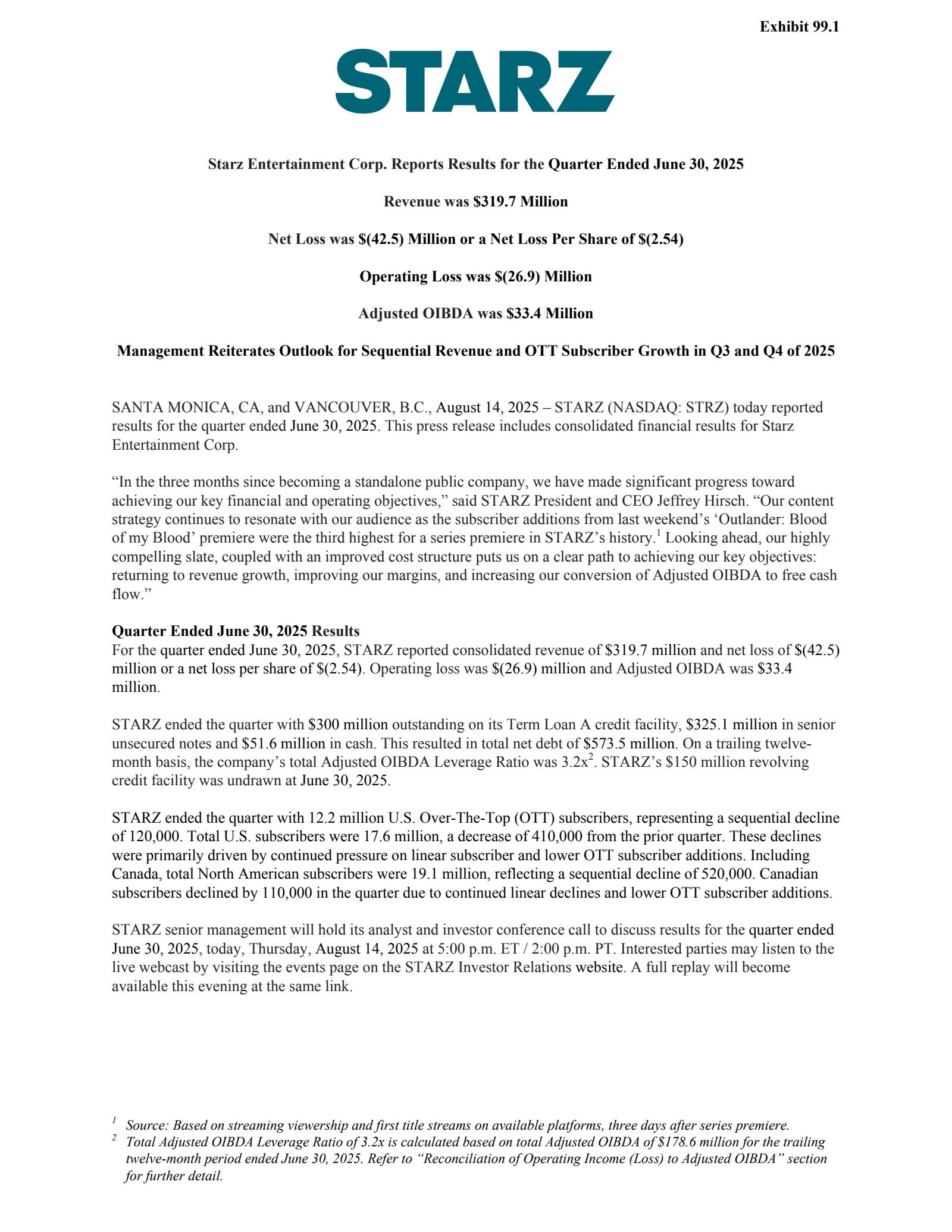 Starz Entertainment's Q2 2025 Press Release