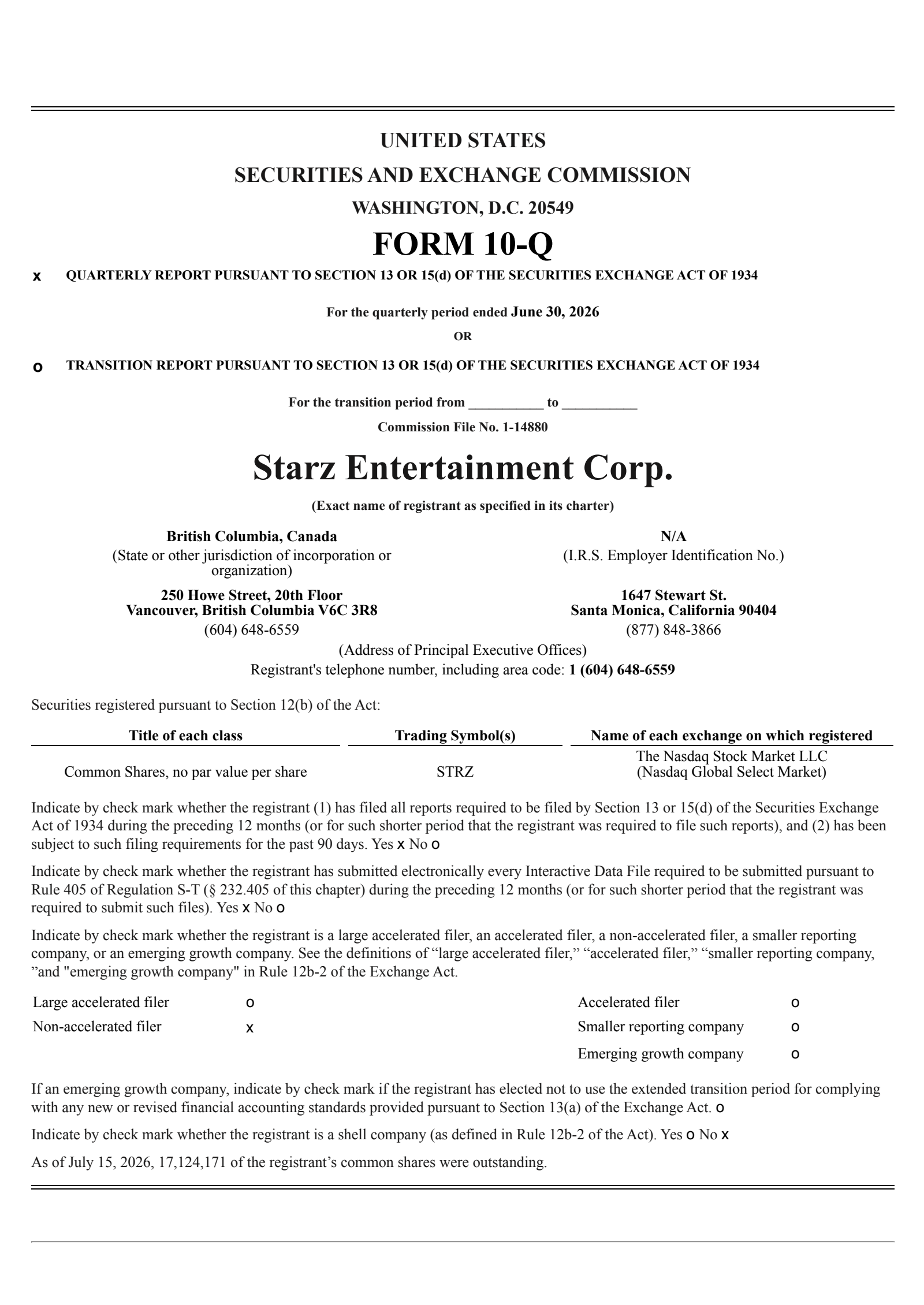 Starz Entertainment's Q2 2026 Quarterly report