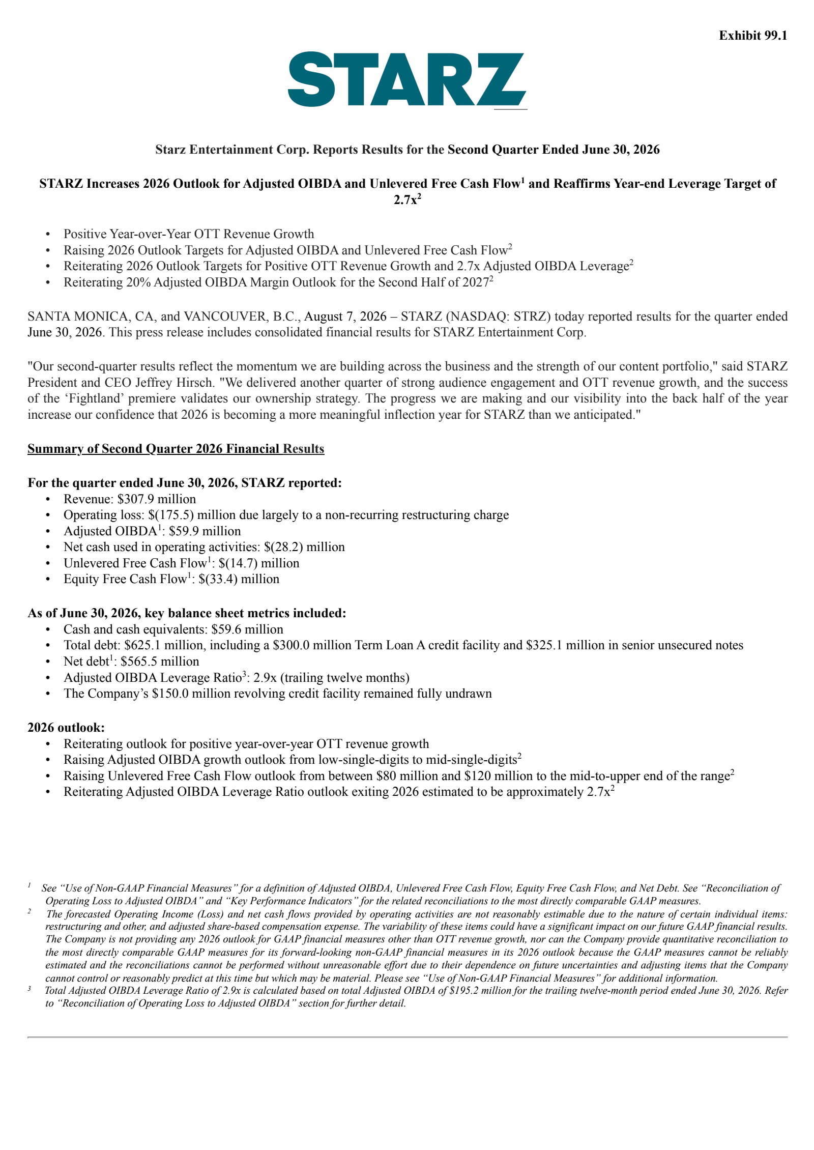 Starz Entertainment's Q2 2026 Press Release