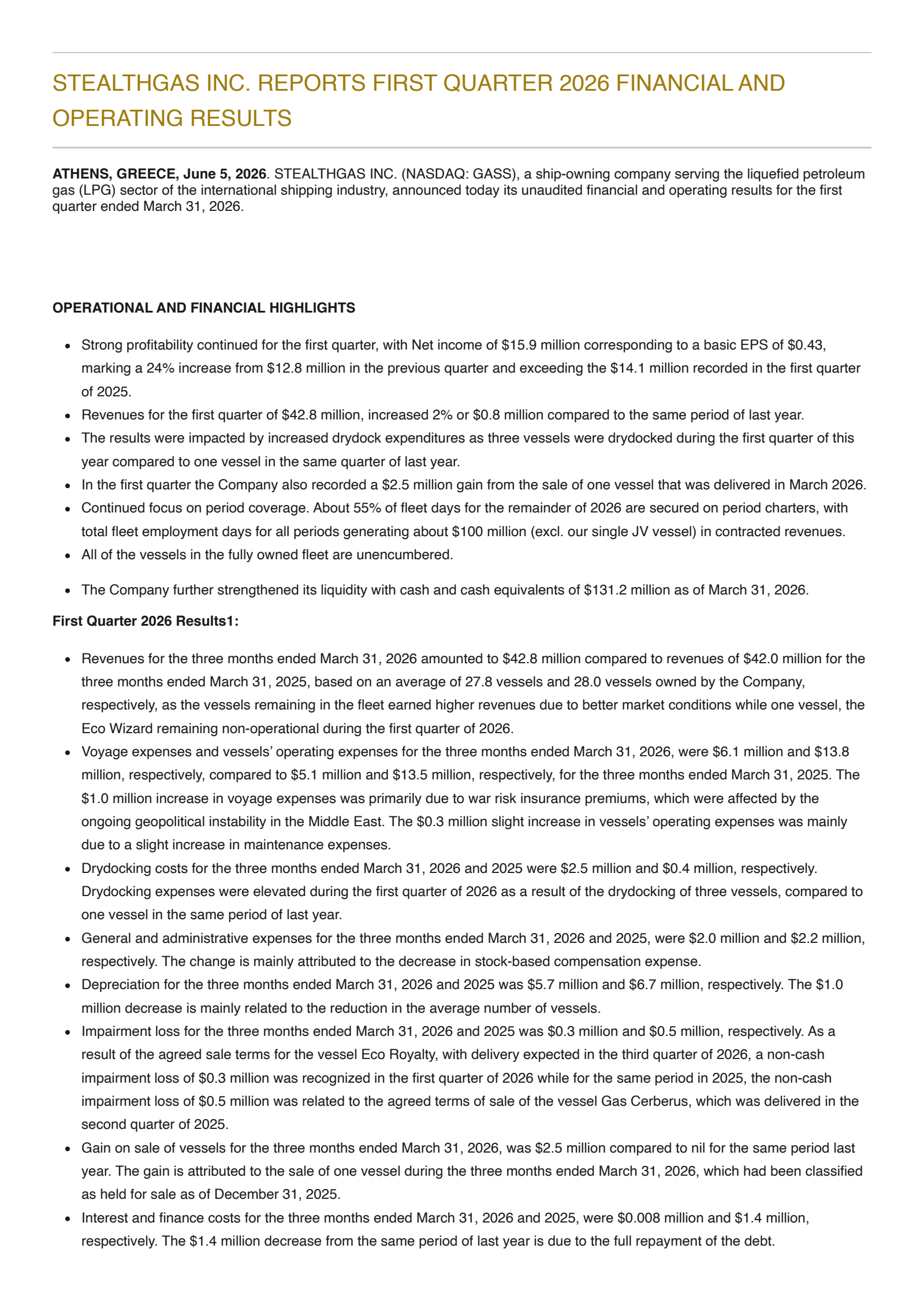 StealthGas' Q1 2026 Press Release