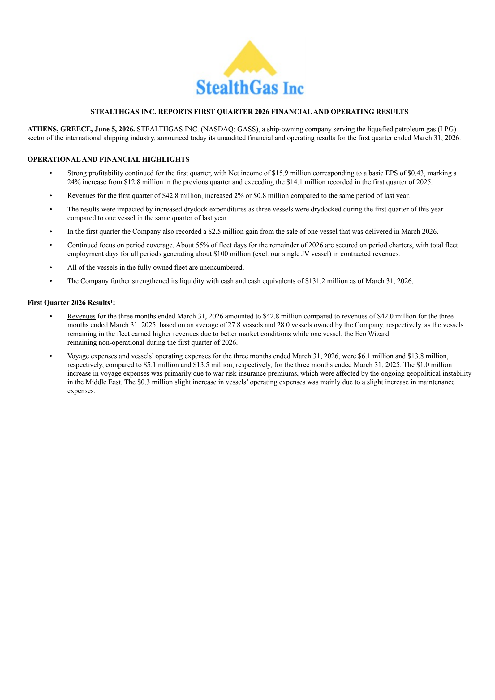 StealthGas' Q1 2026 Press Release