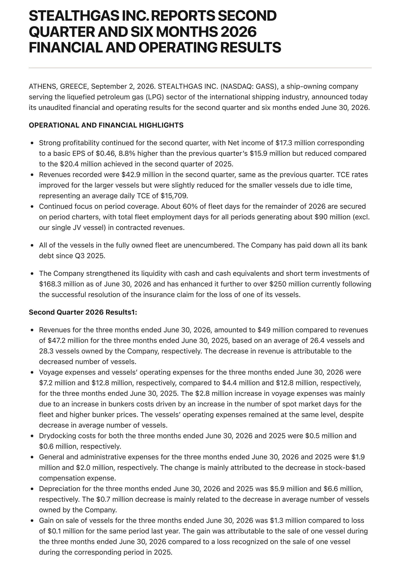 StealthGas' Q2 2026 Press Release