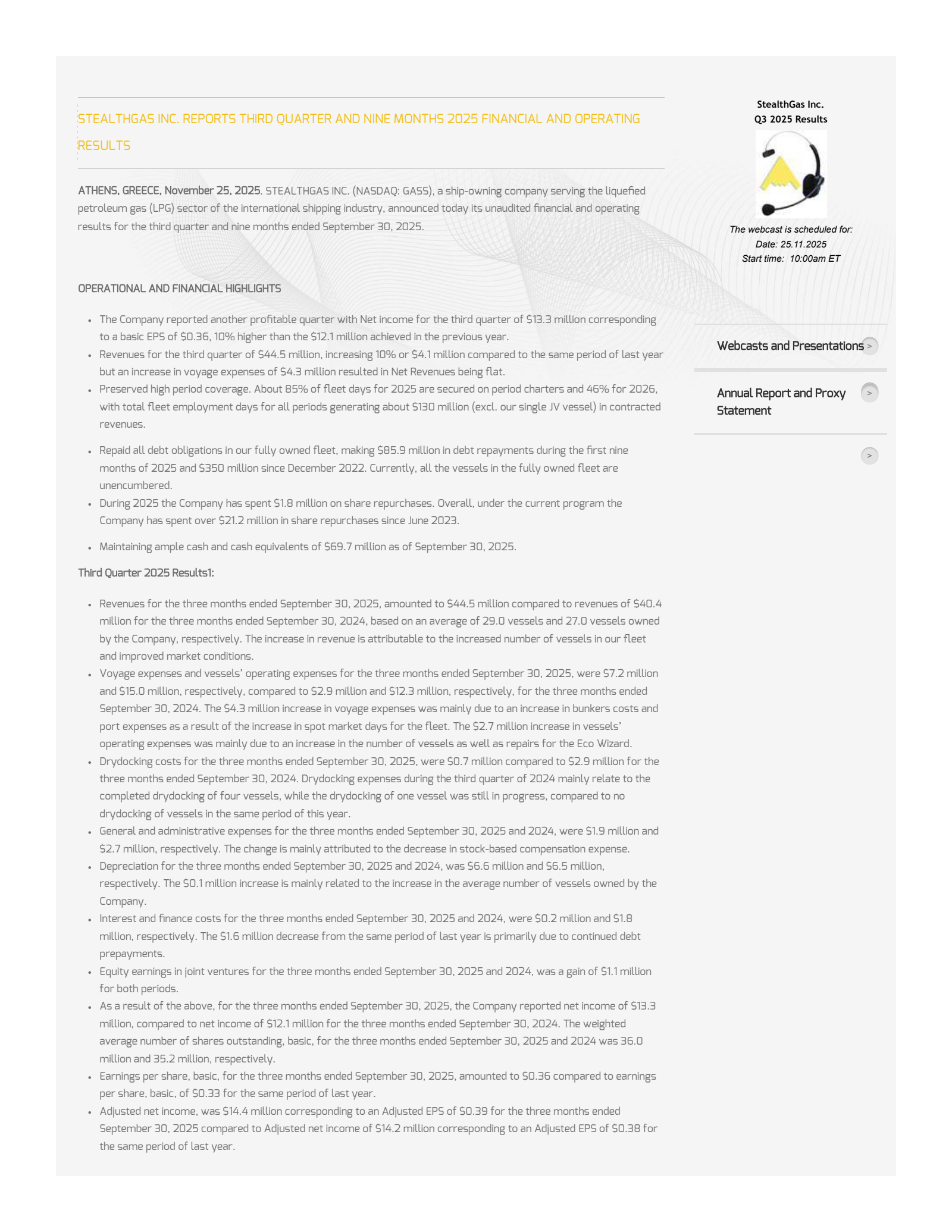 StealthGas' Q3 2025 Earnings Release