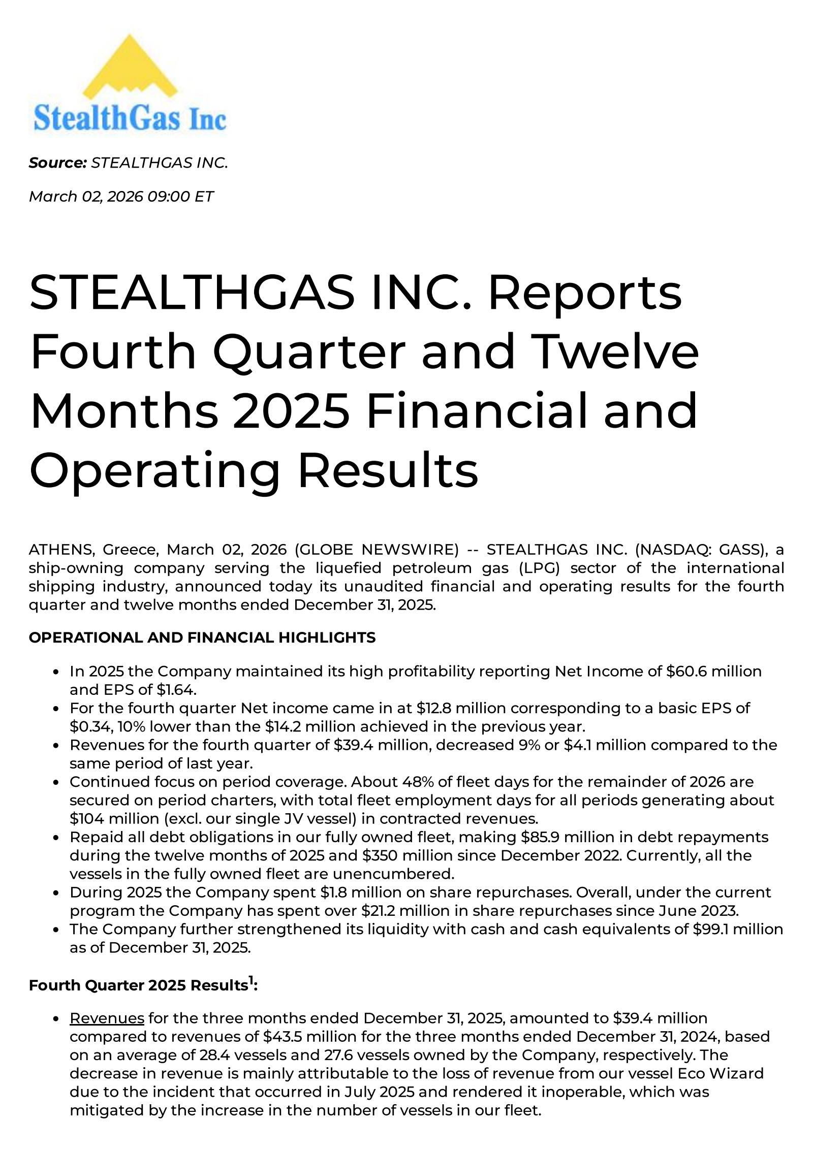 StealthGas' Q4 2025 Press Release