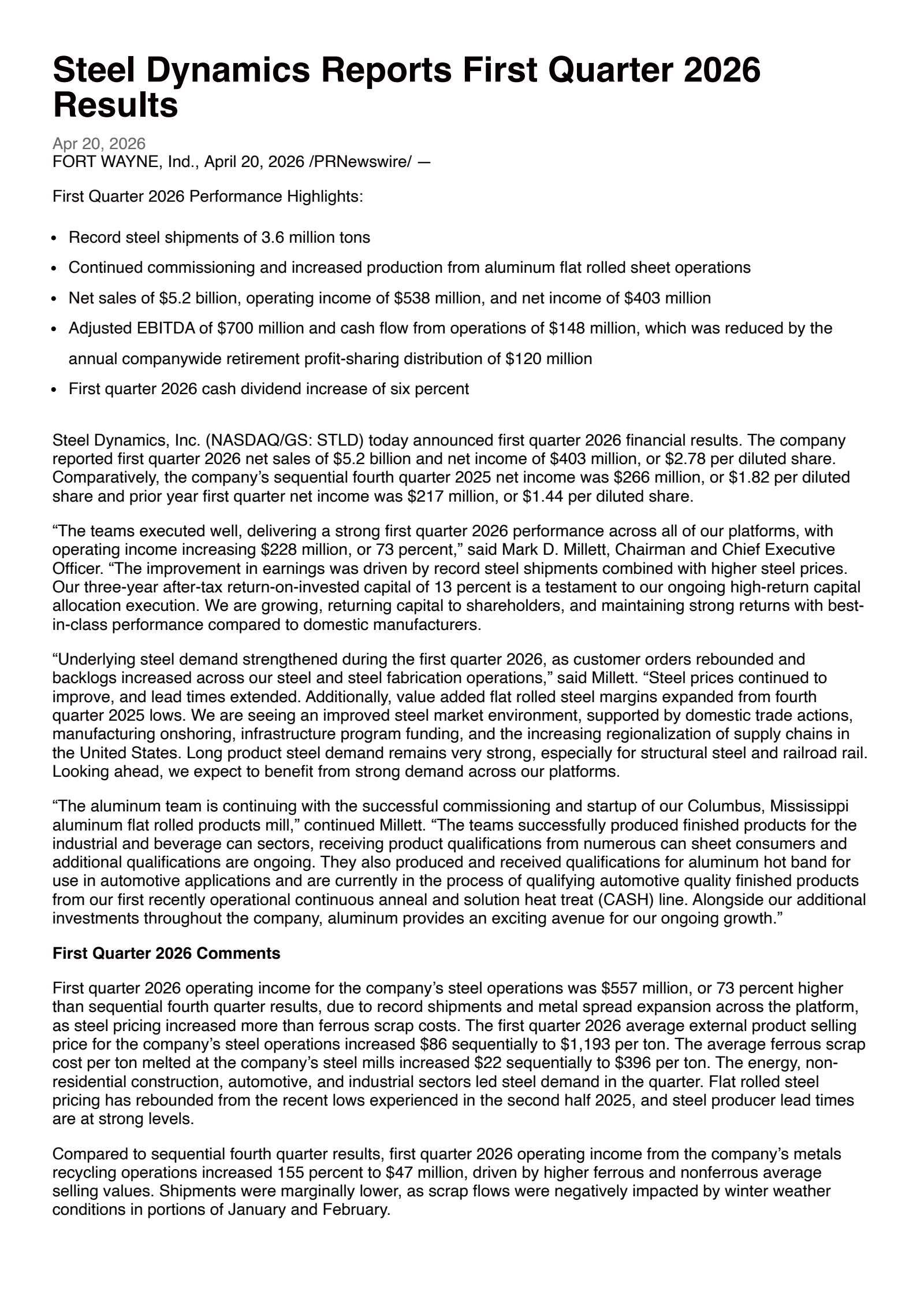 Steel Dynamics' Q1 2026 Press Release