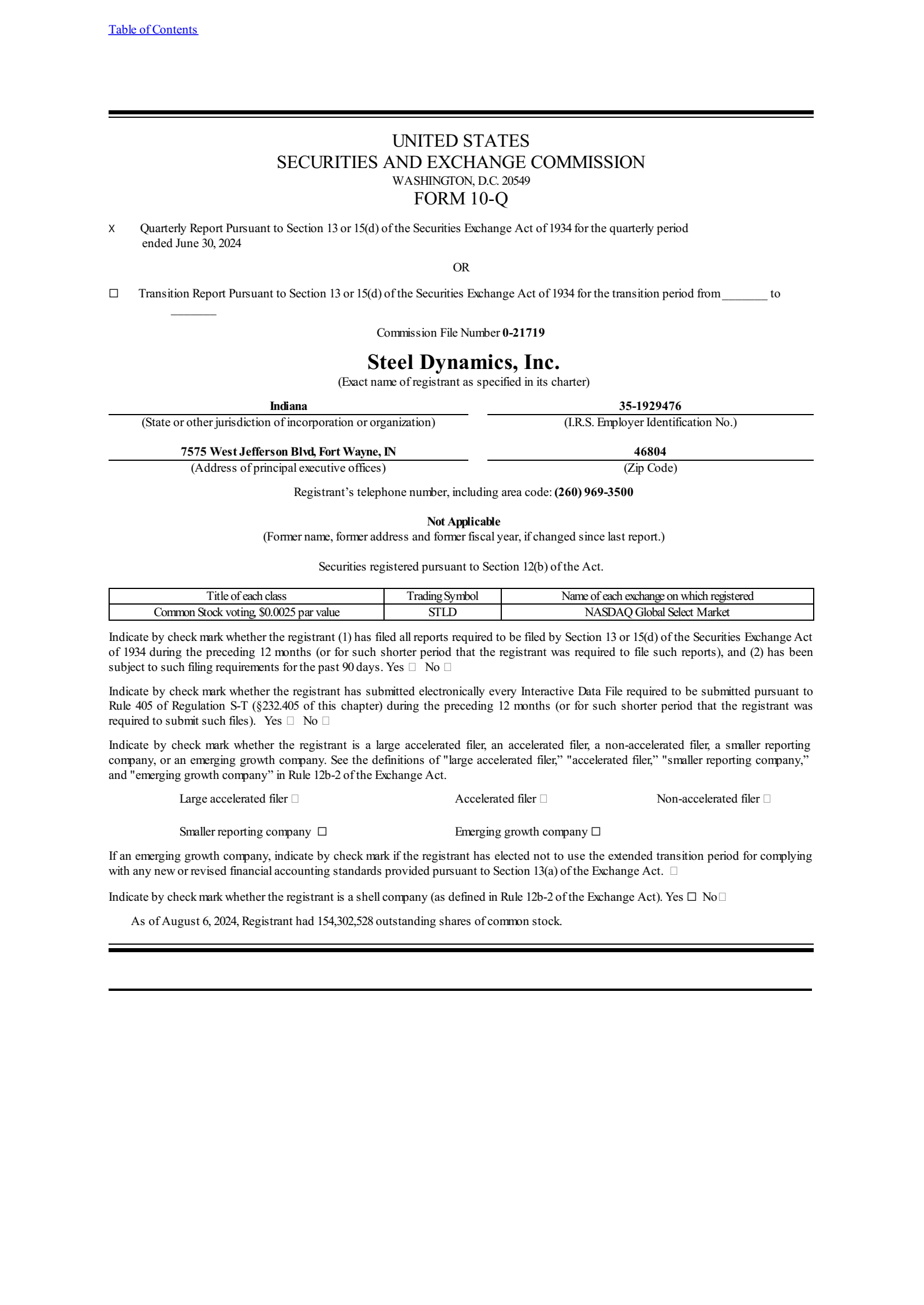 Steel Dynamics' Q2 2024 Quarterly Report