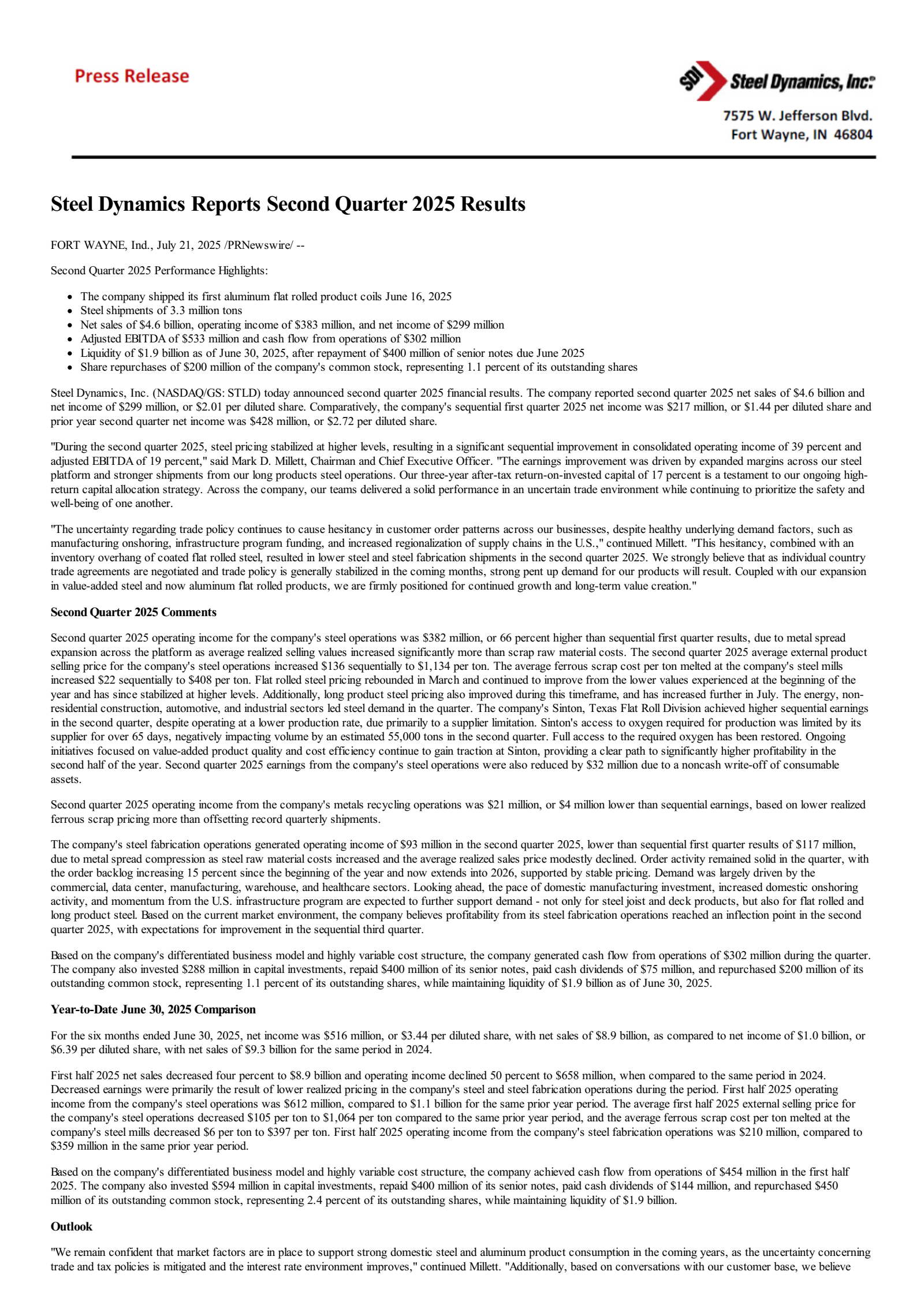 Steel Dynamics' Q2 2025 Press Release