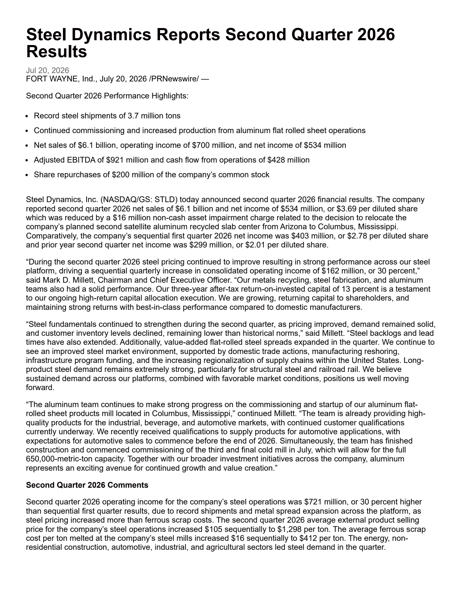 Steel Dynamics' Q2 2026 Press Release