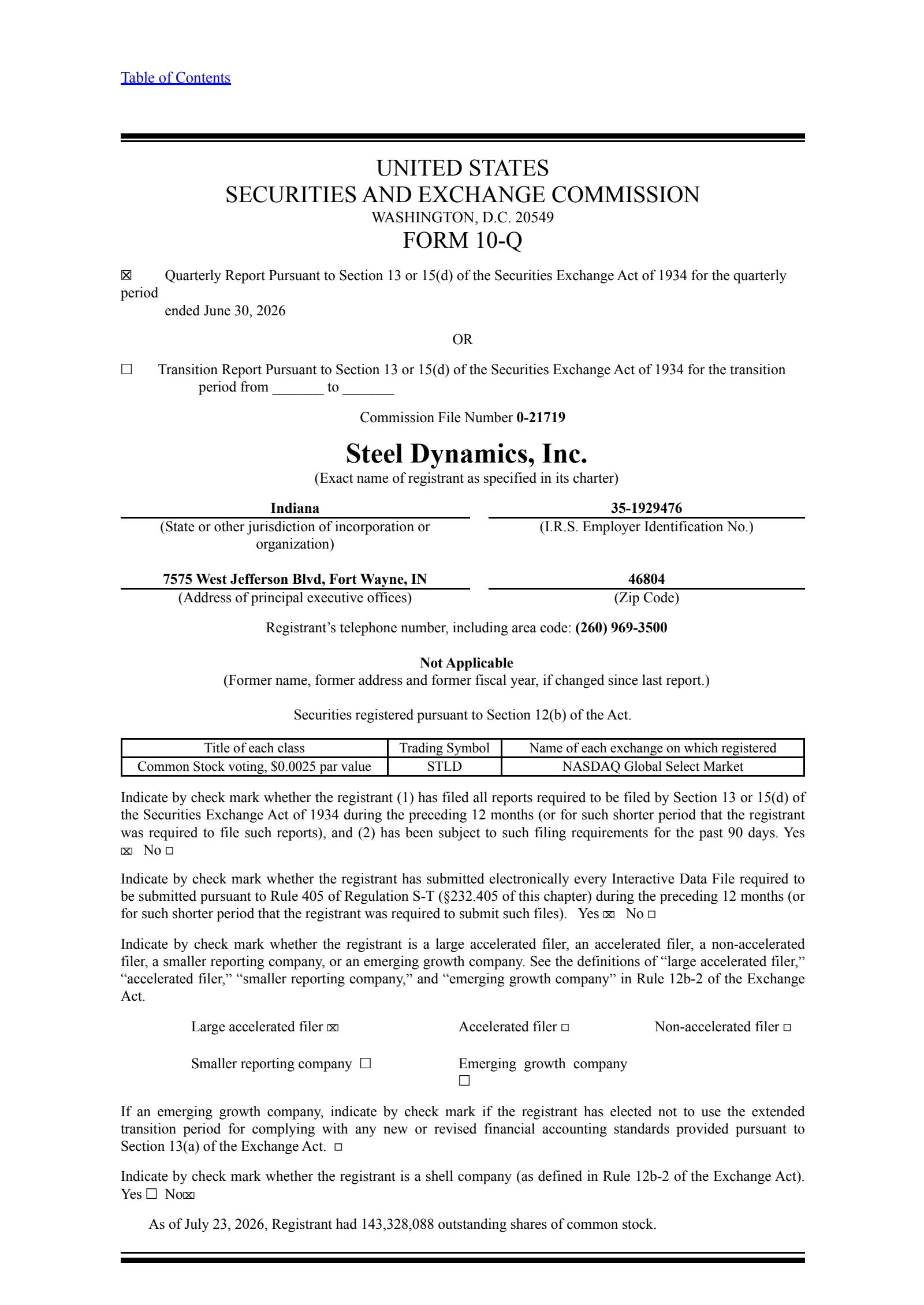 Steel Dynamics' Q2 2026 Quarterly report