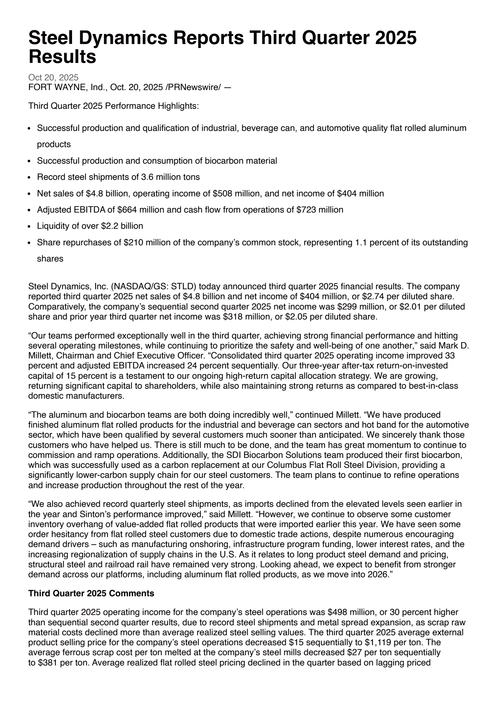Steel Dynamics' Q3 2025 Earnings Release
