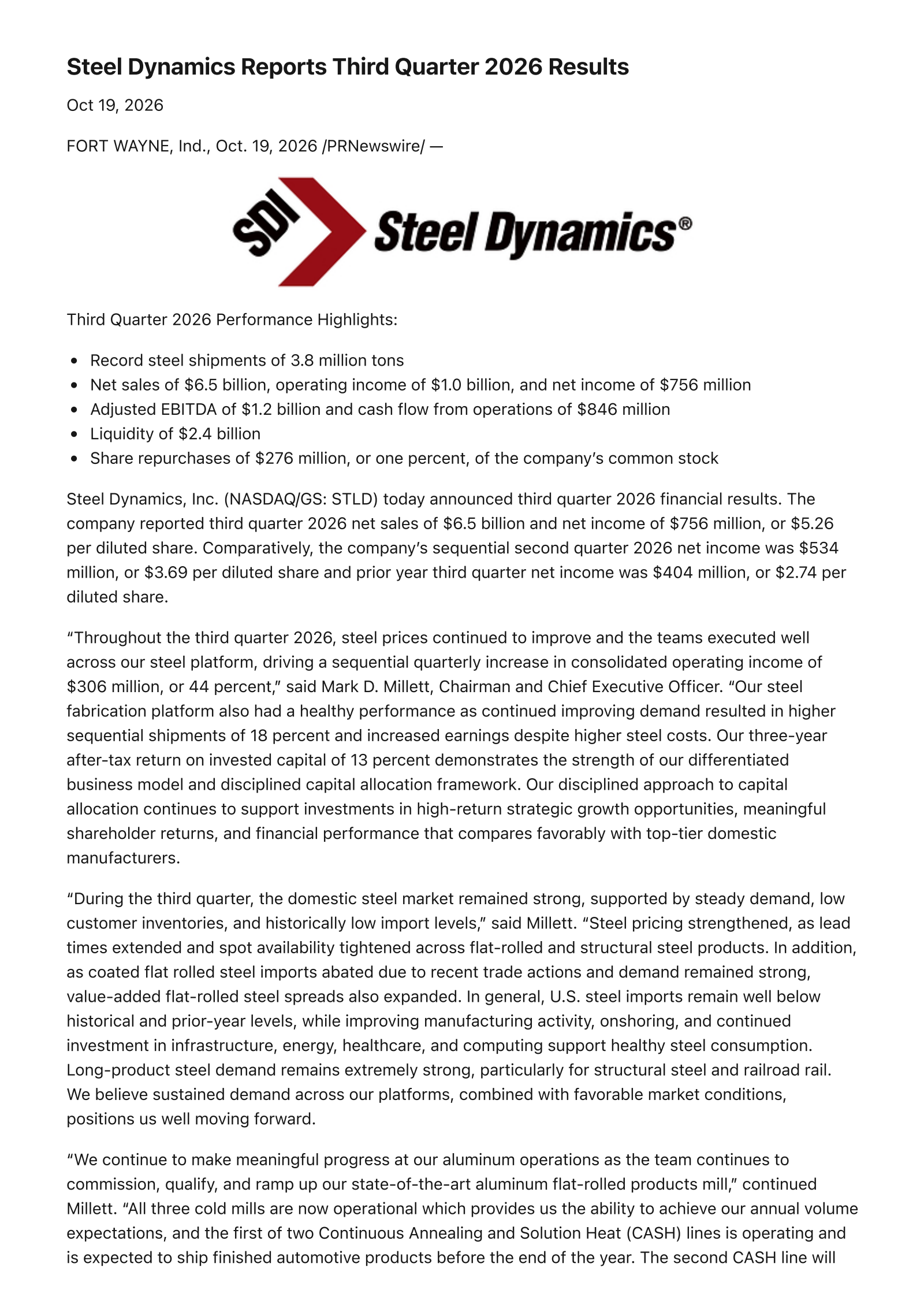 Steel Dynamics' Q3 2026 Press Release
