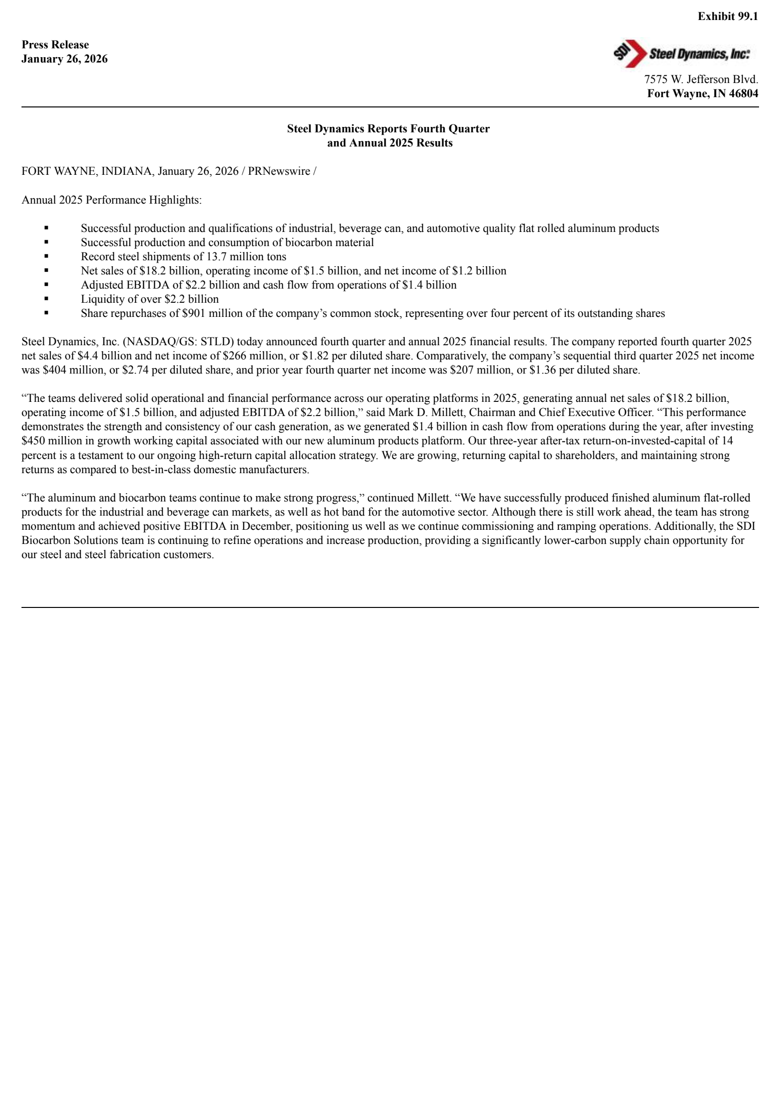 Steel Dynamics' Q4 2025 Press Release