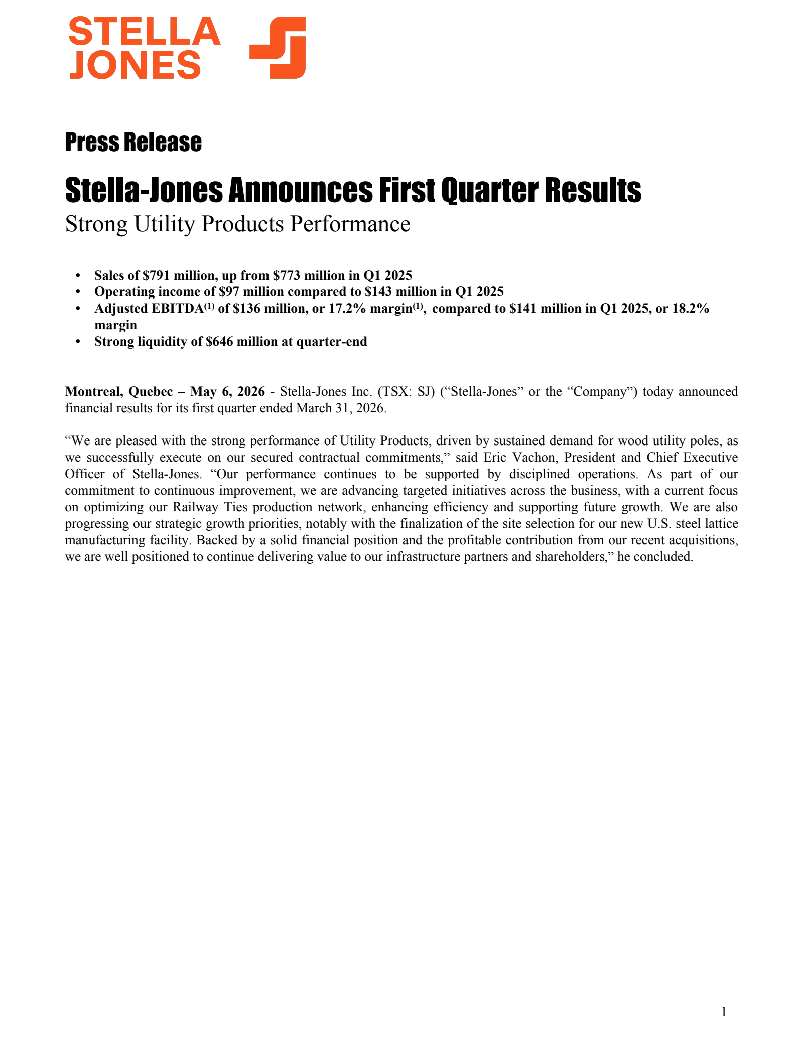 Stella-Jones' Q1 2026 Press Release